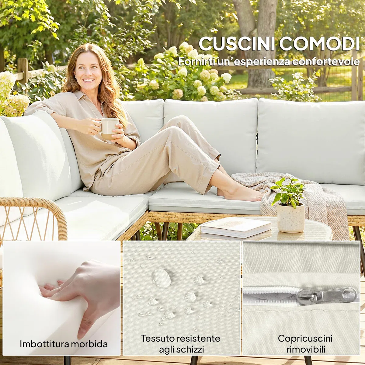 Outsunny Set Salotto da Giardino in Rattan 4 Pezzi, Salottino da Giardino Esterno ad L con 2 Divani 2 Posti, Angolo, Tavolino da Caffè, Cuscini, Struttura in Acciaio, per Balcone Patio, Naturale/Crema
