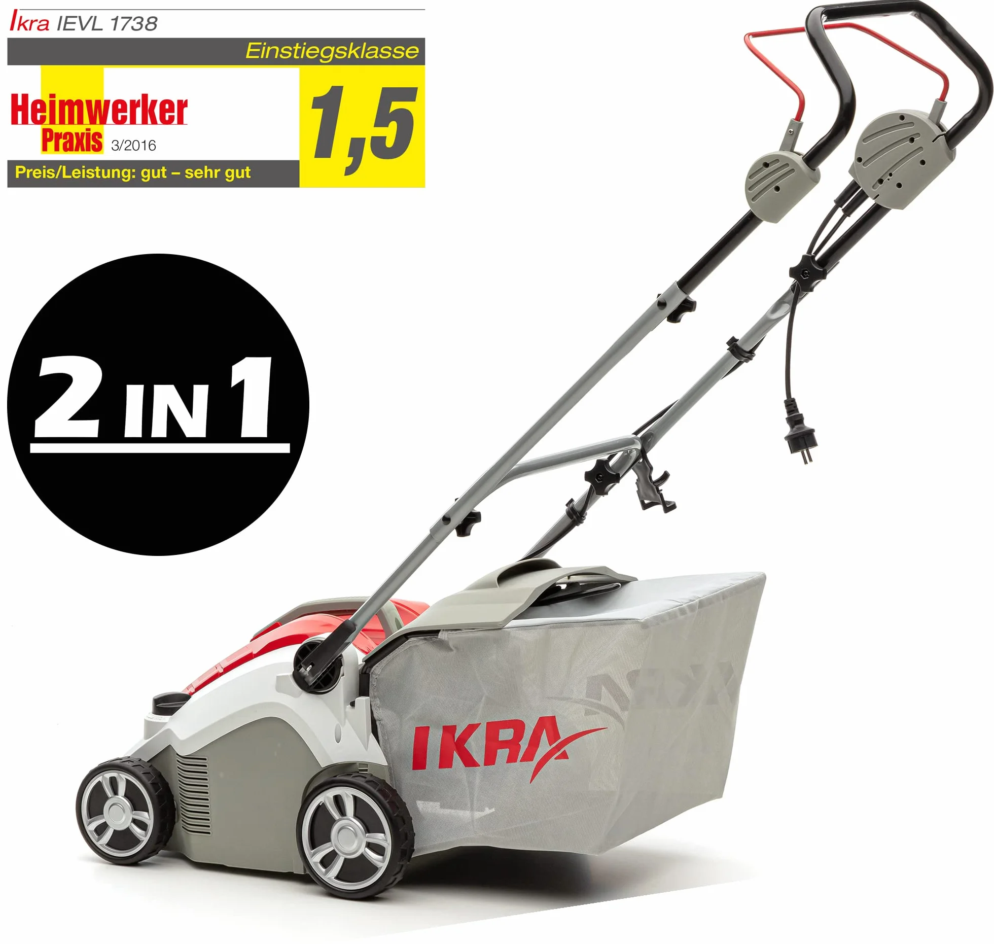 IKRA scarificatore arieggiatore elettrico IEVL 1738, cesto di raccolta 50l, larghezza di lavoro 38cm, profondità di lavoro regolabile