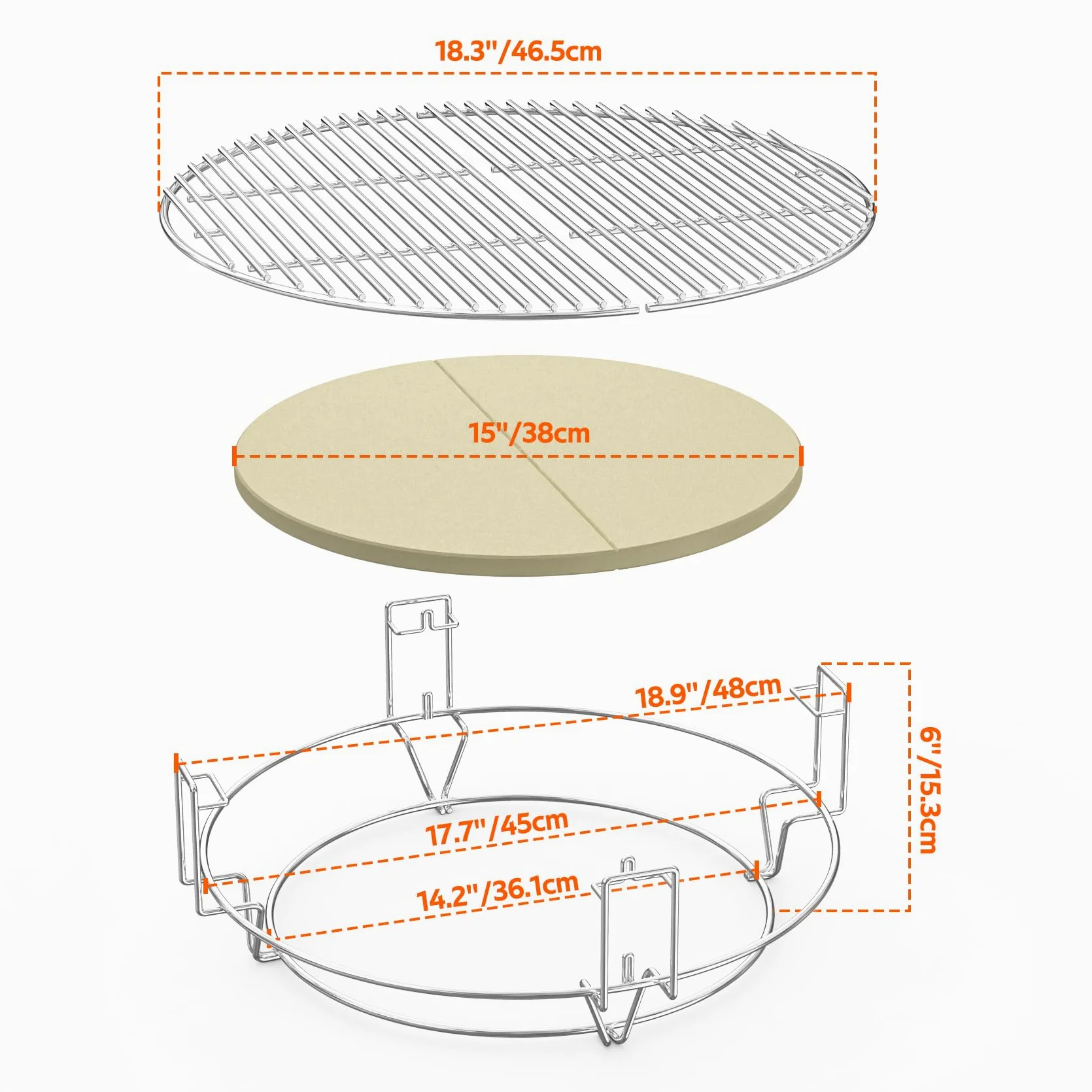 Onlyfire GCG-8552 Griglia Sistema di cottura (2x Griglie, 1x Rack, 2x deflettori di calore) Adatto per Grill in ceramica, Compatibile per Big Green Egg grande, Kamado Joe Classic, Pit Boss K22 ecc.