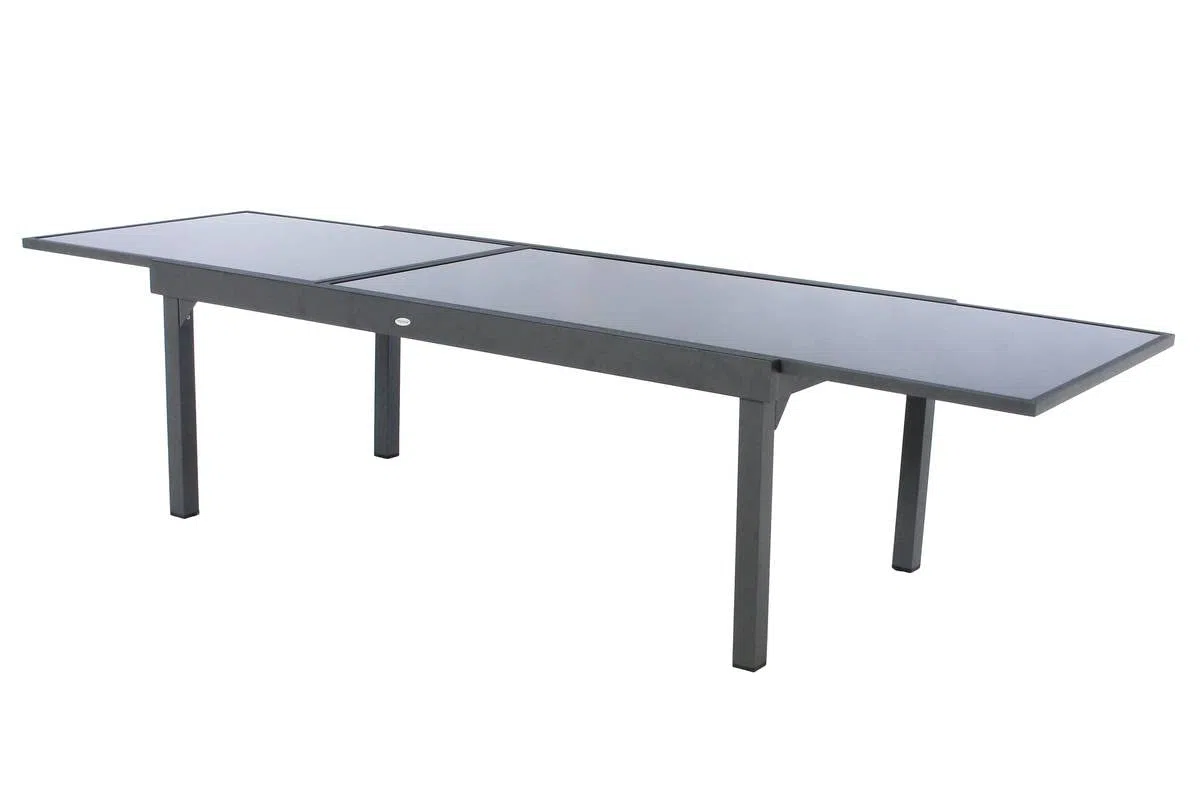 Hespéride - Tavolo da giardino allungabile Piazza, grigio grafite - 12 posti - Alluminio antiruggine, vetro temperato - Mobili da esterno con prolunga scorrevole