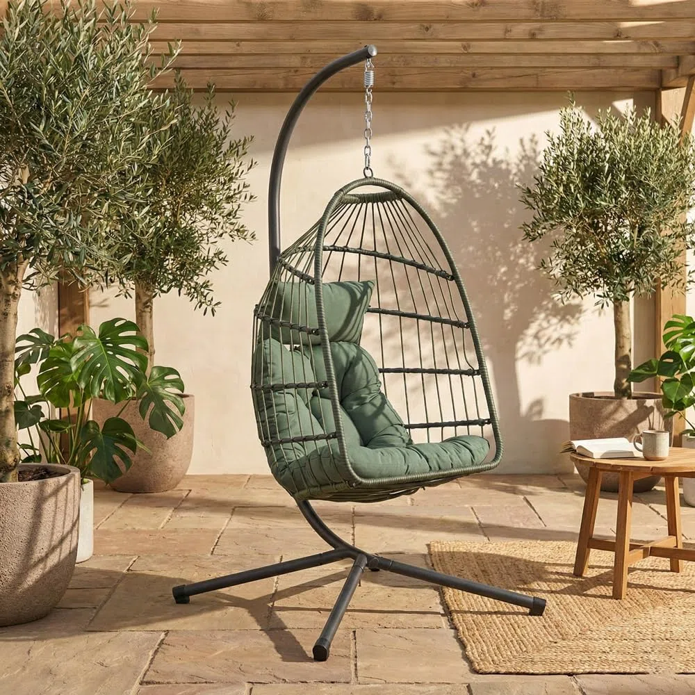 Brigros - Sedia A Dondolo Sospesa Da Esterno Modello Rawak Con Supporto A Terra In Acciaio, Poltrona Sospesa Da Giardino Pieghevole Con Corda E Cuscino Impermeabile (Verde)