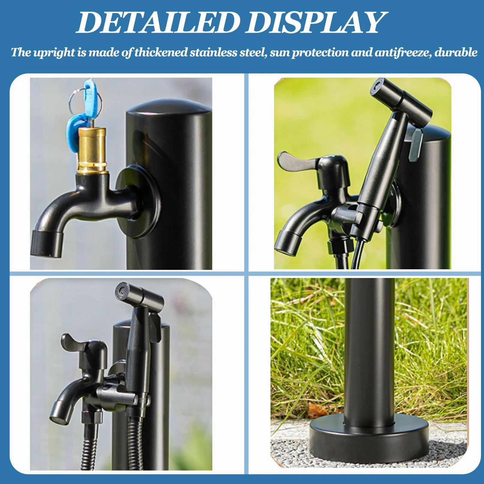 Colonna del Rubinetto da Giardino in Acciaio Inossidabile 304,Colonna d'acqua giardino,Fontana d'Acqua Indipendente,Rubinetto Antigelo da Esterno, Fontana a Pavimento 60cm Nero A