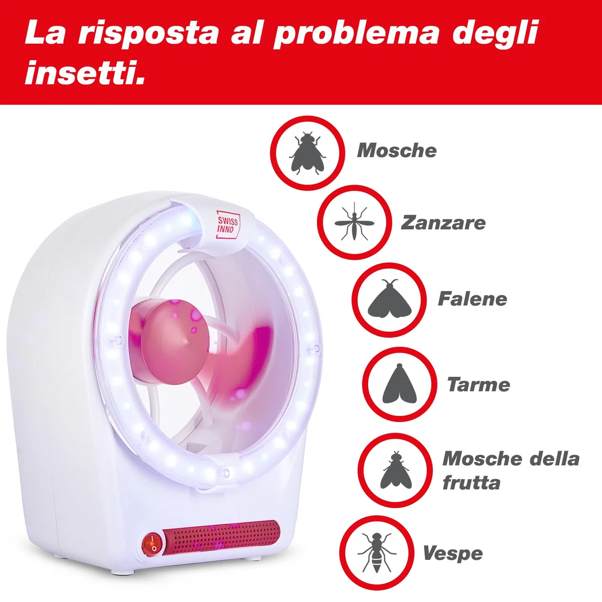 SWISSINNO Zanzariera Elettrica LED 15W - Acchiappainsetti Snapy - Cattura Ragni - Lampada Antizanzare da Interno - Trappola per Mosche e Zanzare - Uso Domestico