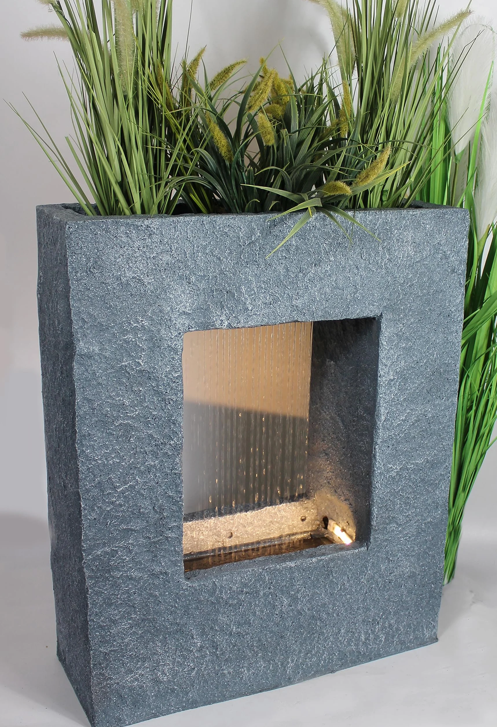 Fontana da giardino con illuminazione a LED 65x53 cm fontana da interno fontana effetto pietra pioggia cascata rettangolare bianco caldo fontana zampillante decorazione da giardino