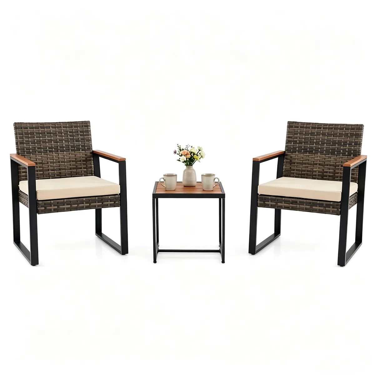 LIFEZEAL Set Tavolo e Sedie da Giardino 3 Pezzi, in Rattan PE e Metallo, Salotto da Giardino 2 Persone con 1 Tavolino da Caffè, 2 Divanetti e Cuscini, Set da Bistrò per Balcone, Terrazzo (Bianco)
