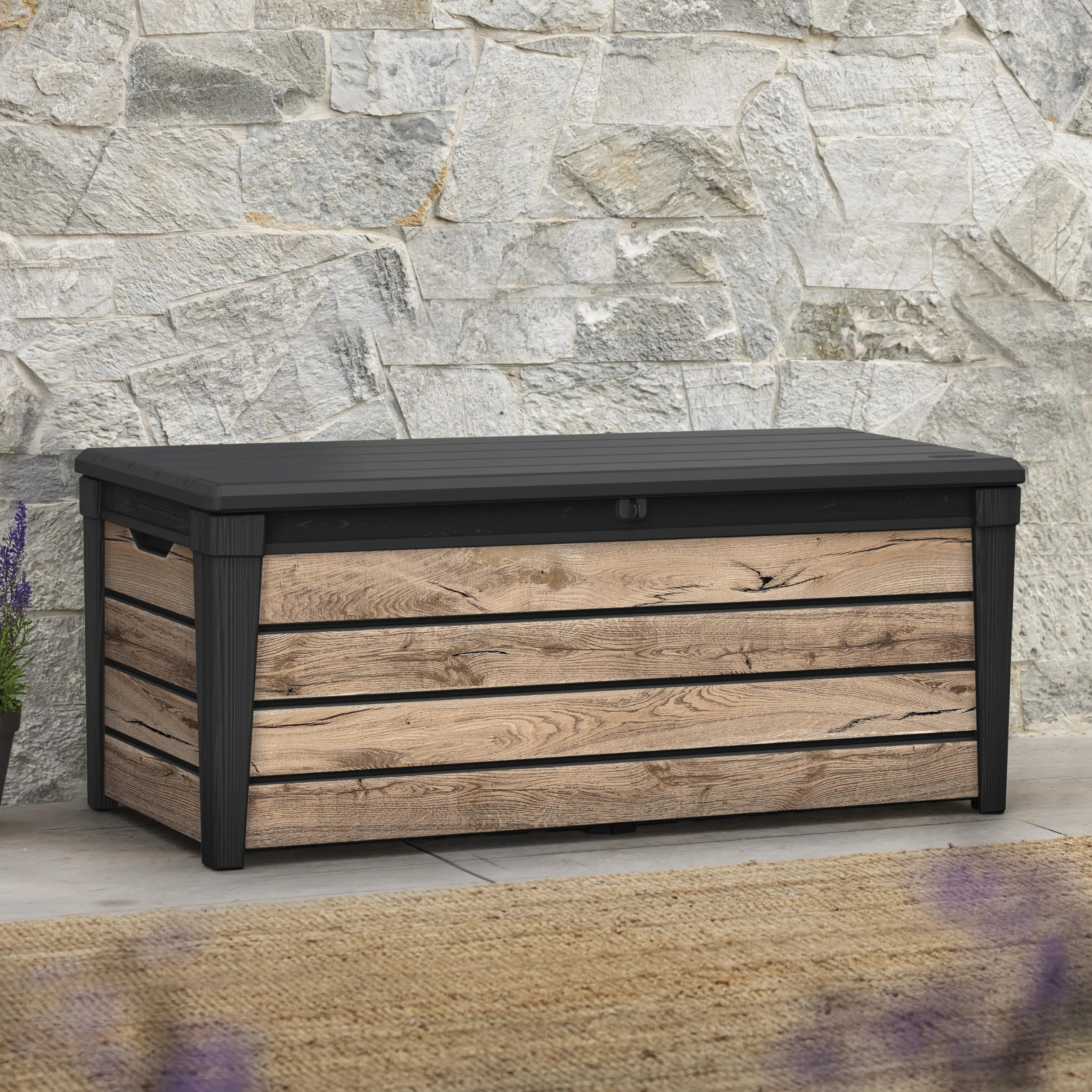 Koll Living Brightwood Scatola da giardino in legno di pino 454 litri coperchio con molle a gas portata 300 kg resistente alle intemperie impermeabile UV