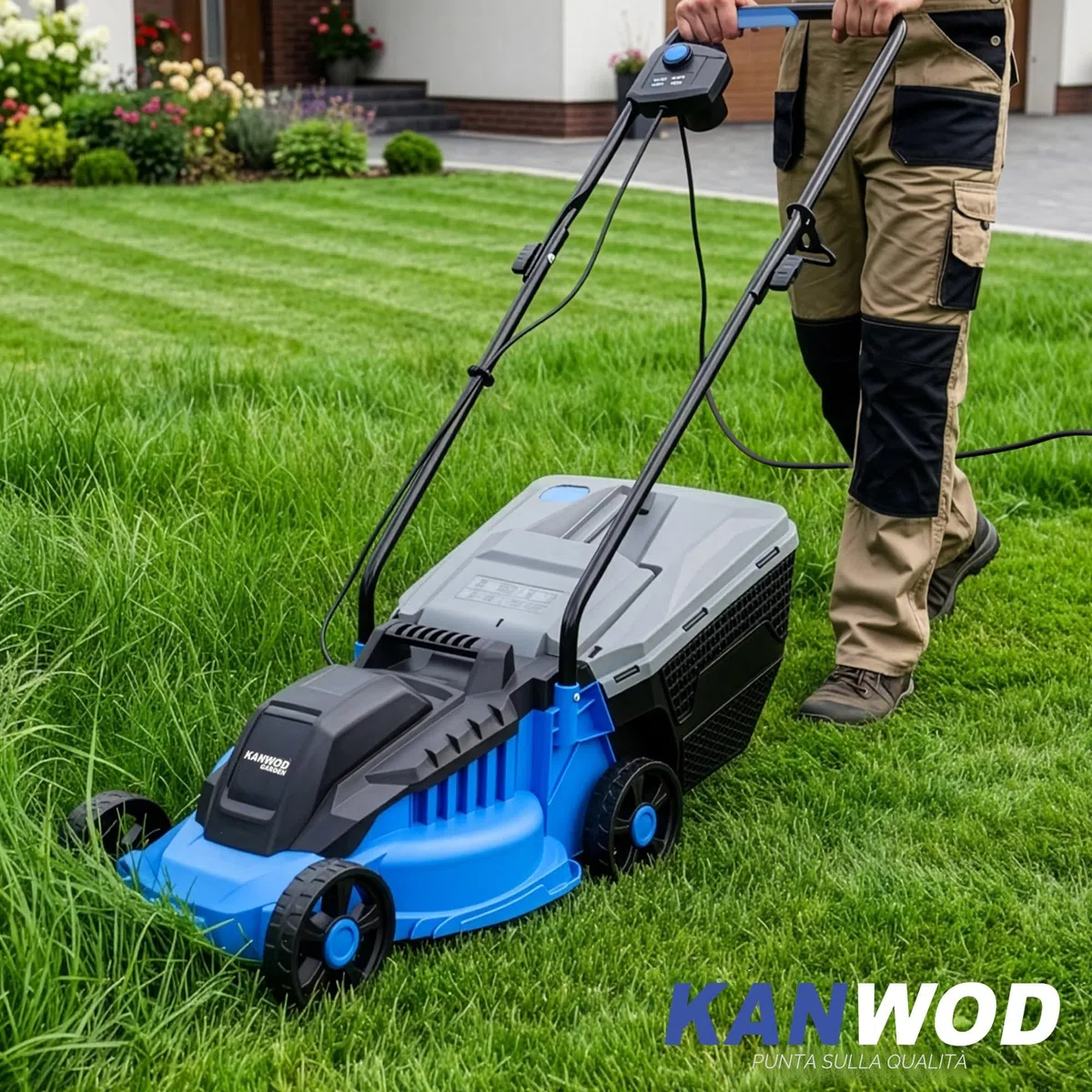 KANWOD Tagliaerba Elettrico, 1200 W, Larghezza di Taglio 32 cm, Cesto Raccoglierba 30 L, Regolazione Altezza Taglio 3 Livelli 30-70 cm, Tosaerba per superfici fino 500 m², 3400 giri/min, Grigio/Blu