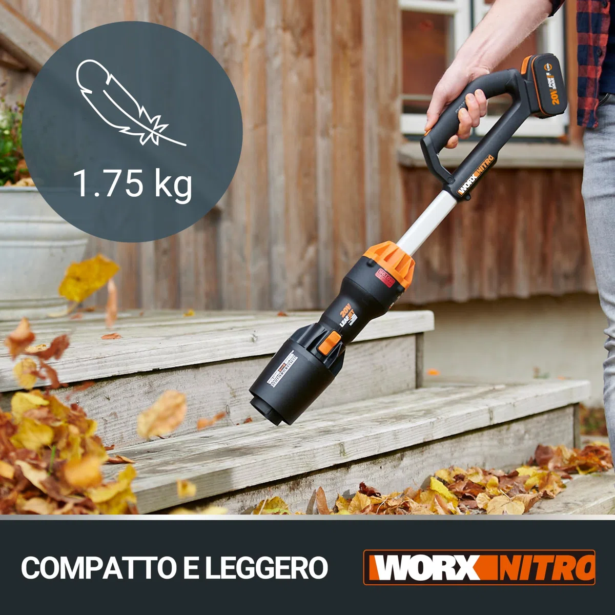WORX Nitro WG543E.1 - Soffiatore professionale a batteria, 20 V, motore brushless 2.0, max. 209 km/h, 2 livelli di velocità, con batteria PowerShare da 4,0 Ah, caricatore e kit per grondaie GUTTERPRO
