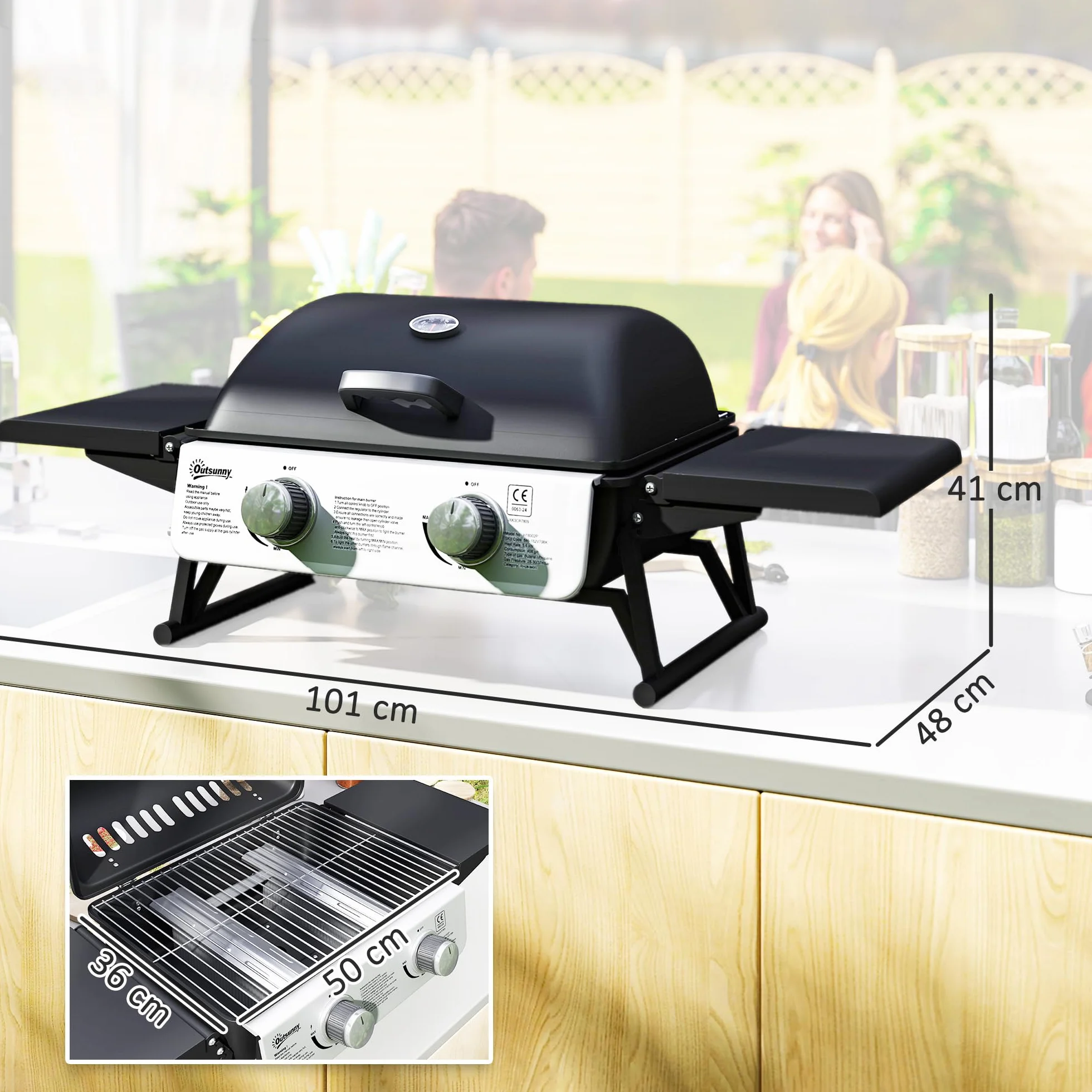 Outsunny Barbecue a gas da tavolo trasportabile, 2 bruciatori da 5,6 kW, barbecue a gas da campeggio con griglia di cottura, ripiani laterali, coperchio, termometro, per campeggio, giardino e balcone,