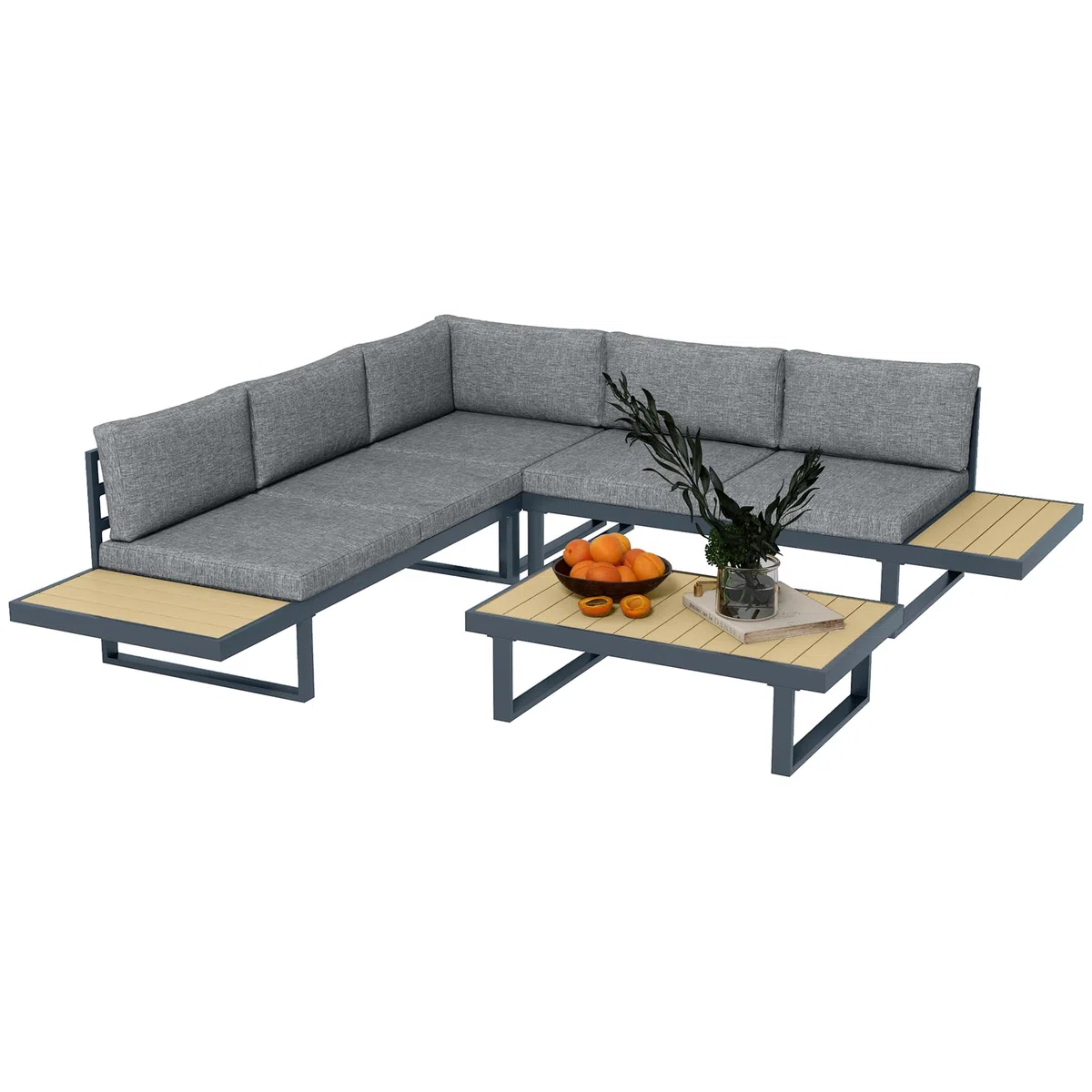 Outsunny Set da Giardino 4 Pezzi in Alluminio e Poliestere, Set da Esterno con 2 Divanetti 163x70x64 cm, Poltrona Angolare 70x70x64 cm e Tavolino da Caffè 102x60x30 cm, Grigio Scuro e Teak