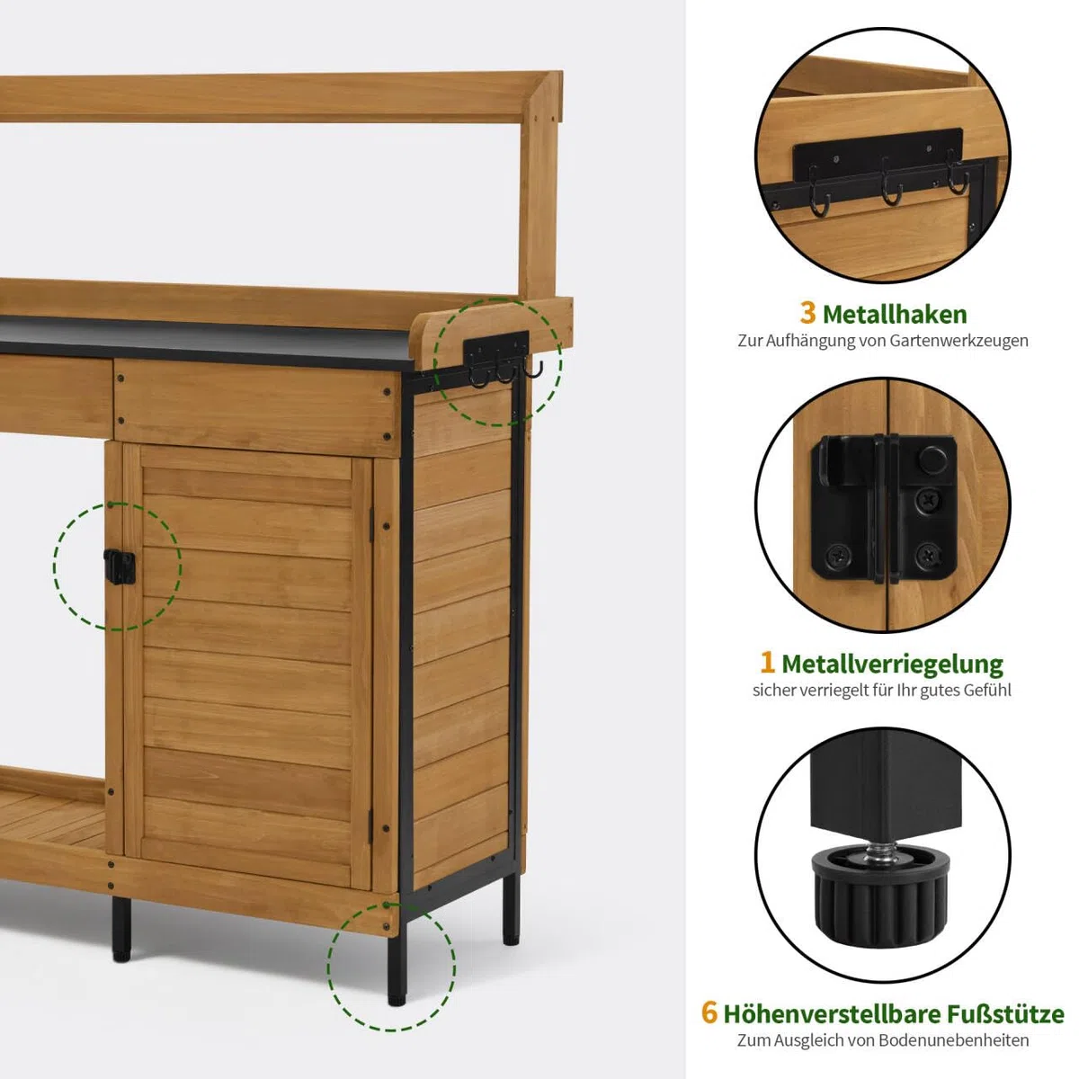M MCombo Tavolo da Giardinaggio con piano di lavoro zincato e mobile inferiore. Tavolo da rinvaso in legno di abete resistente alle intemperie, con 3 ganci. Per giardino, balcone e terrazza, 2049