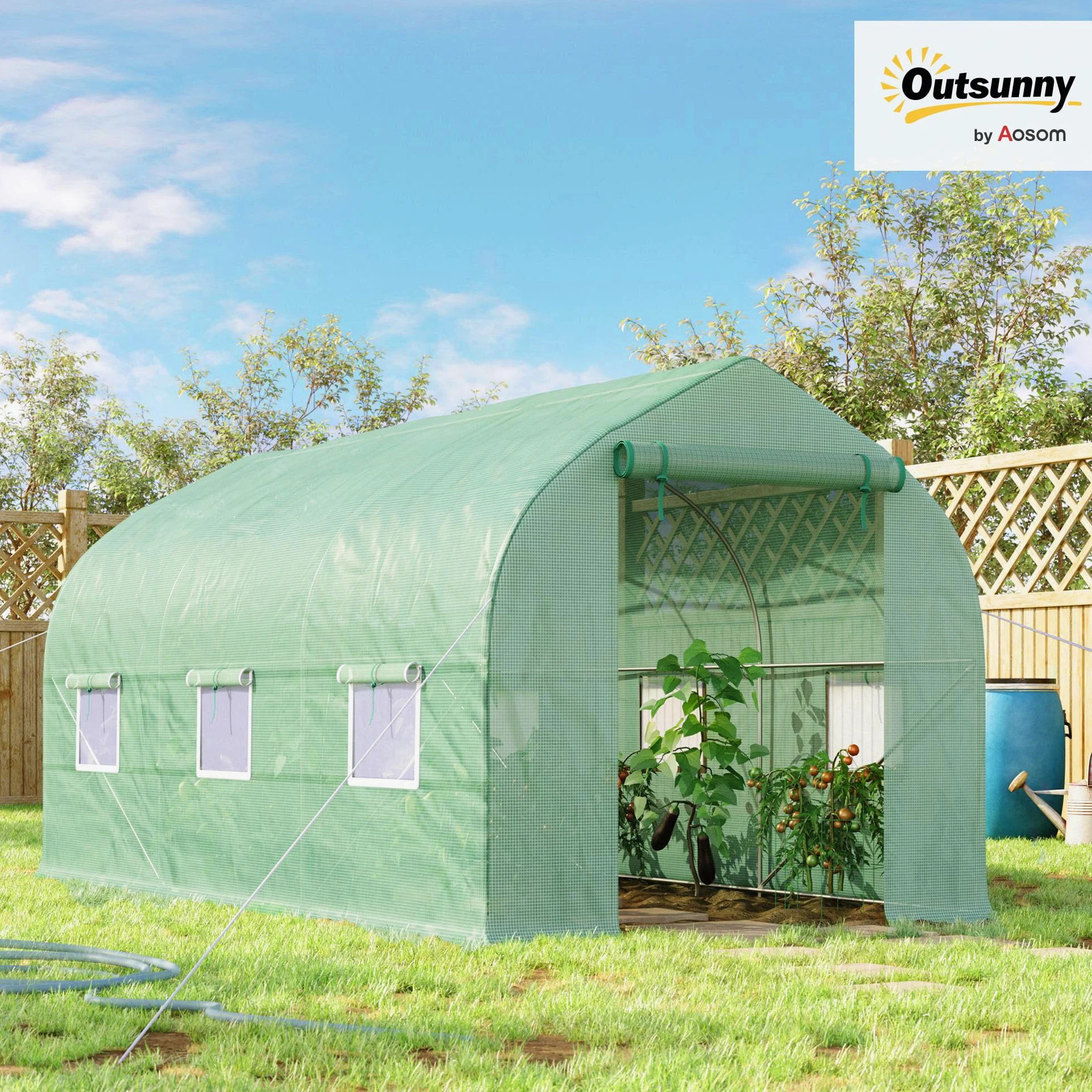 Outsunny Serra da Giardino a Tunnel 4x2x2 m con Porte Avvolgibili e 6 Finestre, Serra per Orto con Tetto a Spiovente, Struttura in Metallo e Copertura PE, per Orto Verdure Fiori Frutta, Verde