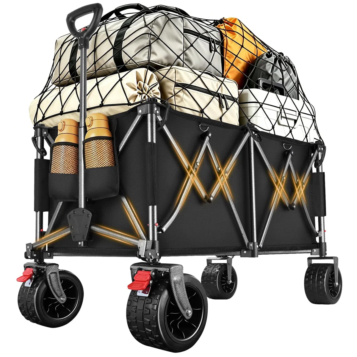 YEAUPE PRO Carrello Spiaggia Pieghevole XXXL – Doppi freni, doppia forcella rinforzata, ruote grandi, manico regolabile, rete elastica inclusa, carrello con ruote portatutto – 250kg/260L, Nero Carbone
