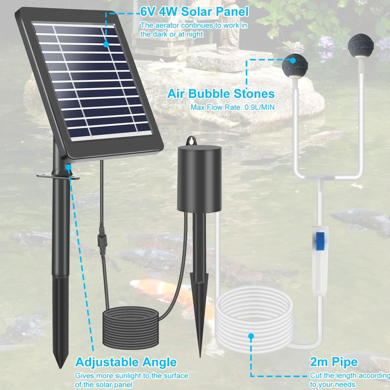 Weinsamkeit 4W Aeratore Laghetto Solare, Ossigeno Solare per Laghetto con Batteria 2200mAh, 3 modalità, Ossigenatore per Laghetto con Tubo di Ossigeno e 2 Pietra della Bolla, Ideale per Laghetti