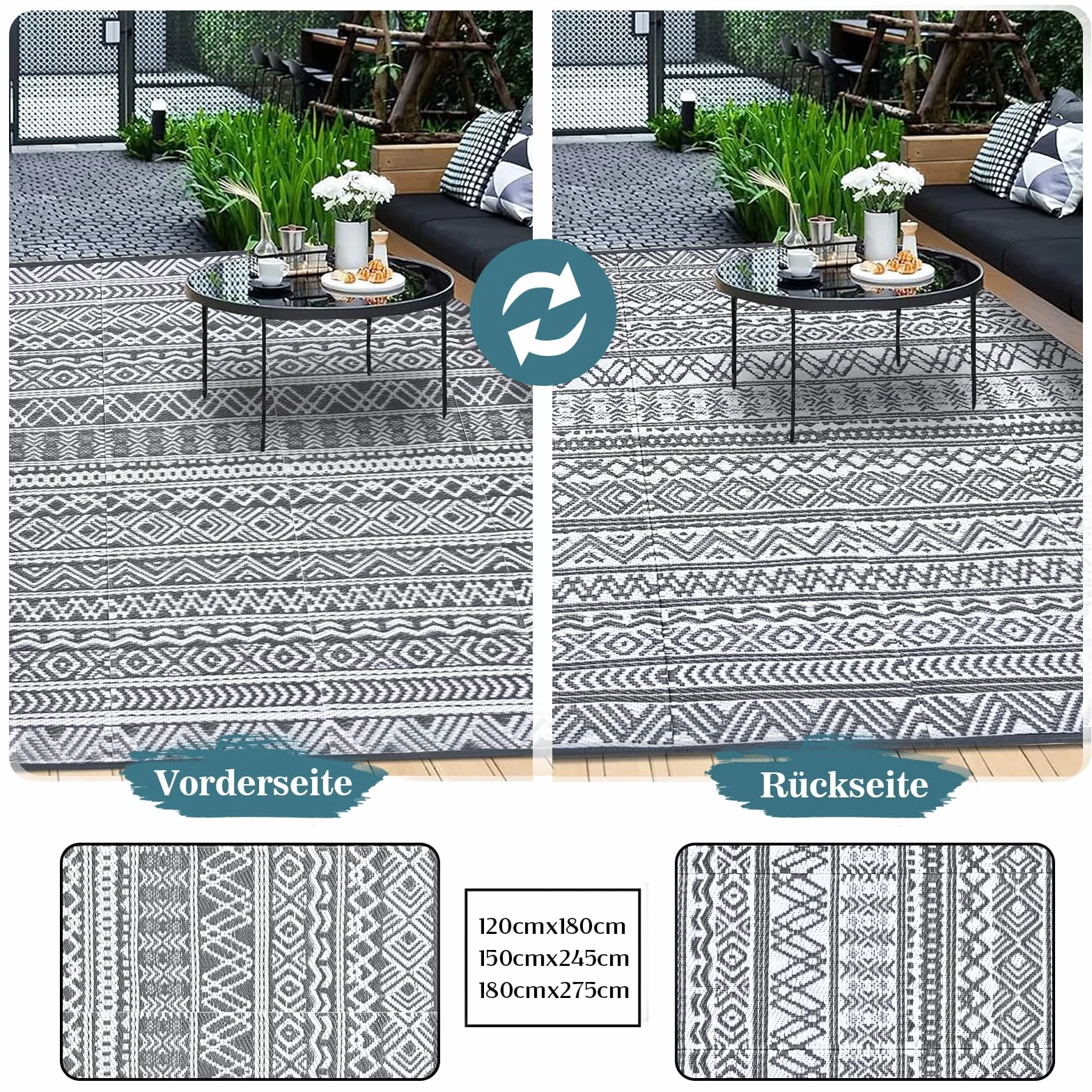 Tappeto esterno Alishomtll, 150 x 245 cm, polipropilene, resistente intemperie, UV, reversibile