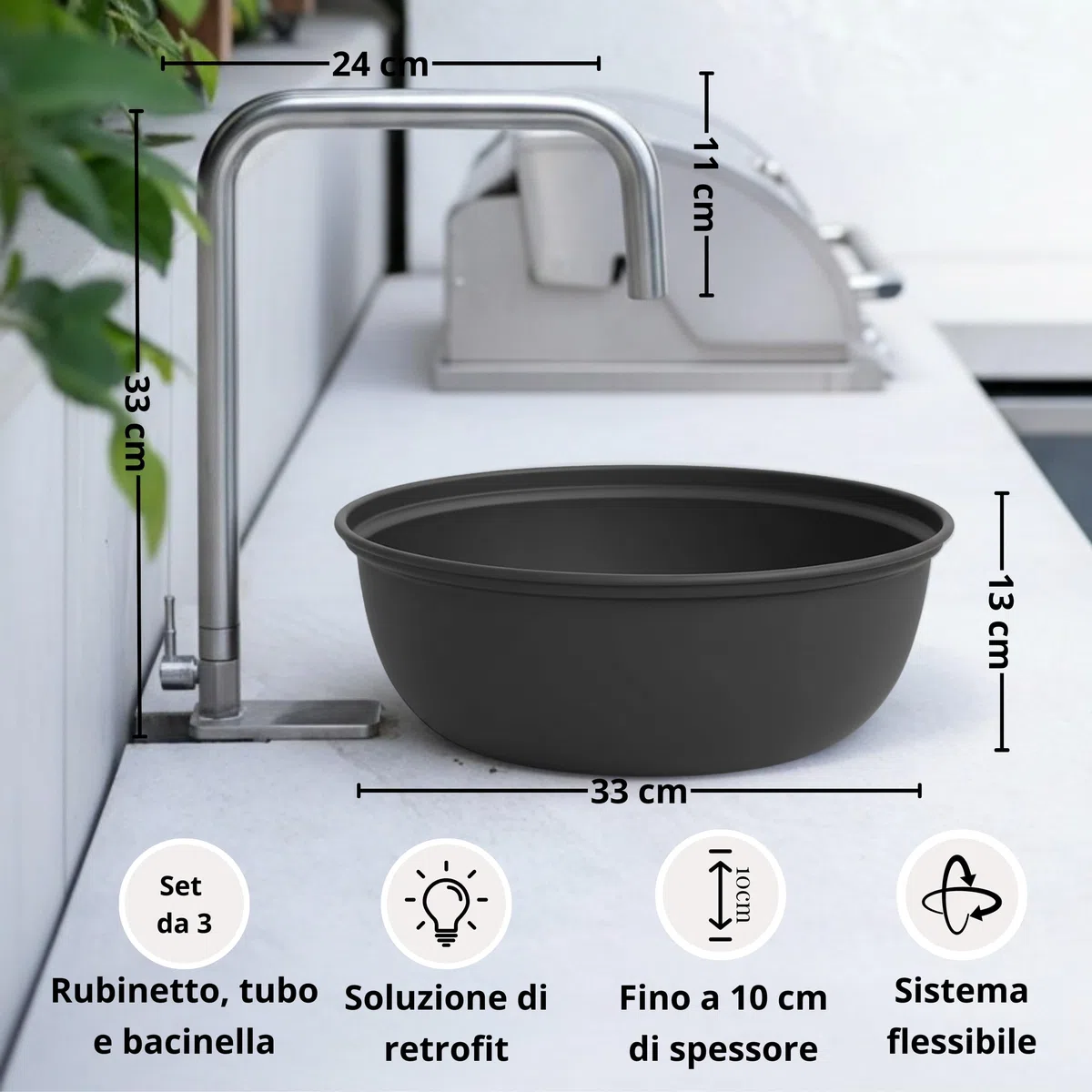 Set da cucina all'aperto Livlig, rubinetto in acciaio inox di alta qualità, tubo dell'acqua potabile e bacinella di lavaggio in metallo, lavandino mobile per giardino, campeggio e cucina all'aperto in