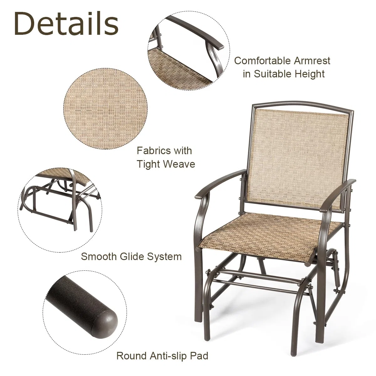 KOMFOTTEU Sedia a Dondolo da Esterno con Schienale Ergonomico, Sdraio a Dondolo in Tessuto Traspirante con Struttura Stabile, Set di 2 Sedie per Giardino, Balcone, Camera da Letto