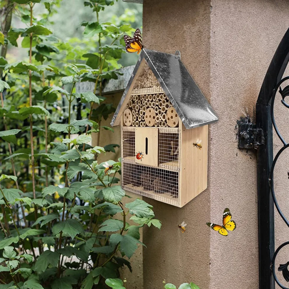 Casetta In Legno Da Giardino Esterno Per Insetti, Casetta Api Selvatiche Da Appendere Con Tetto In Metallo, Hotel Per Insetti Selvatici Ape Farfalla Coccinella, Decorazioni Appesa Da Giardino Albero