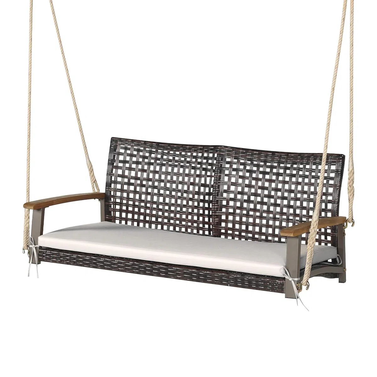 SOARS Altalena da Esterno 2 Posti in Rattan PE, Dondolo Sospeso con Cuscini e Braccioli in Legno di Acacia, Carico 360 kg, 131 X 68 X 54 CM, Panca Sospesa per Giardino, Balcone, Terrazza (Bianco)