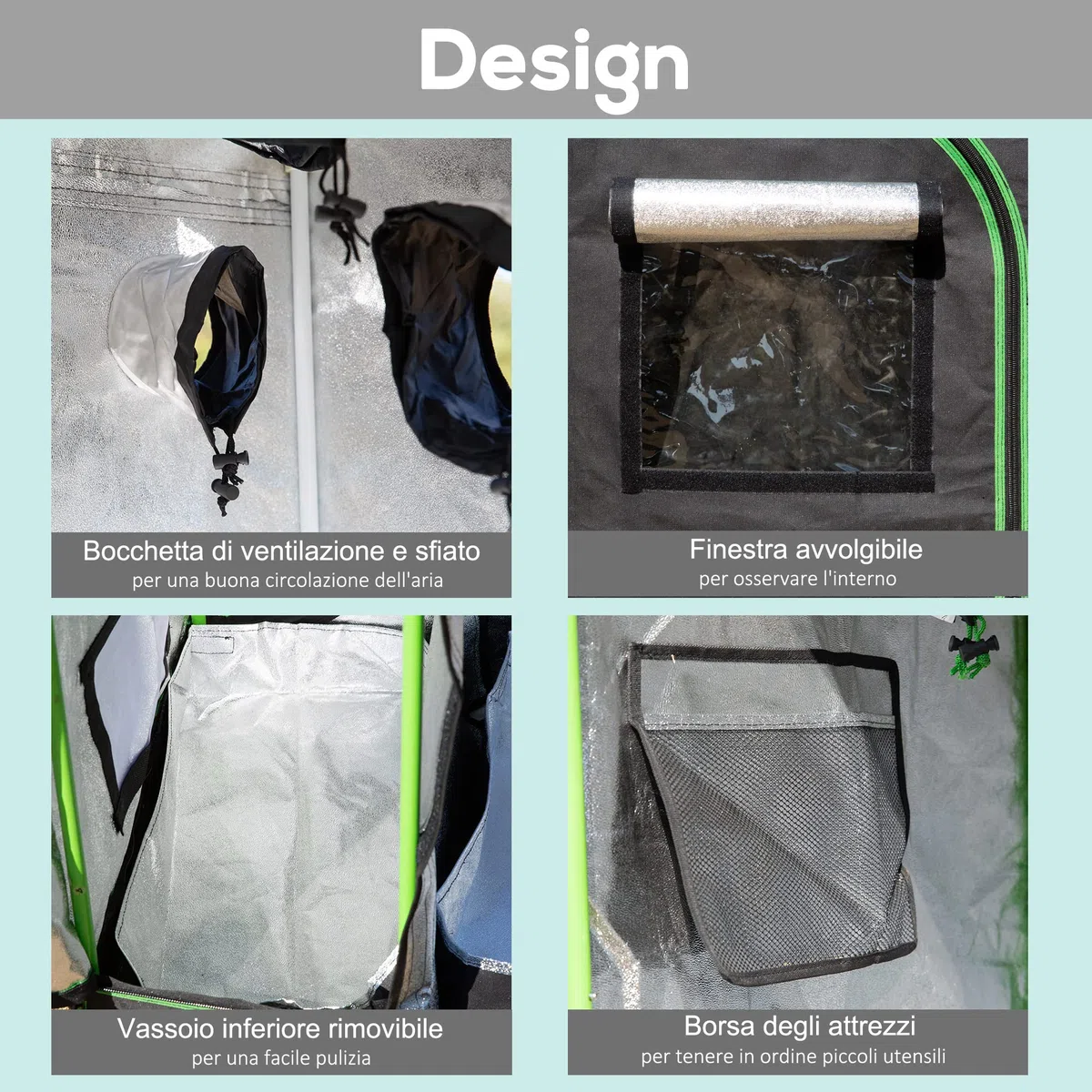 Outsunny Serra Idroponica per Interni, Tessuto Riflettente e Prese d'Aria, Porte e Finestre, 90x60x135cm Nero e Verde
