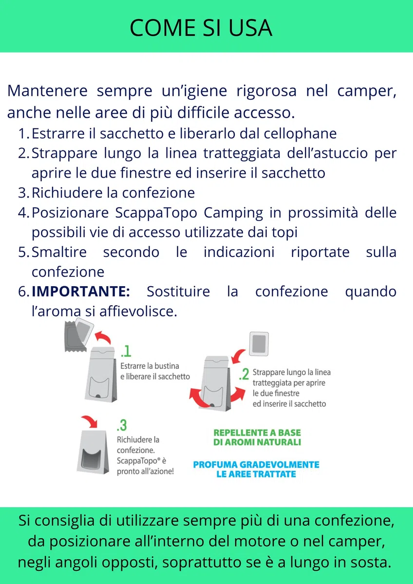 SCAPPATOPO IL BIO-REPELLENTE Camping – Repellente Topi Naturale per Caravan e Roulotte – Dissuasore per Topi Ecologico ad Azione Multisensoriale – Confezione 3 Pezzi da 50gr