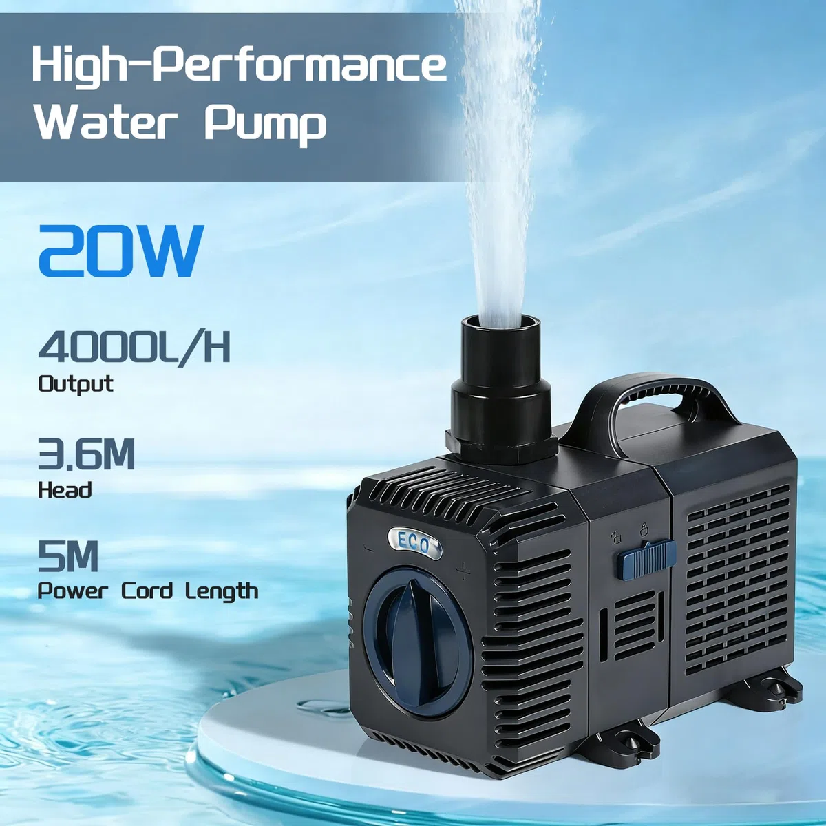 CPROSP Pompa per Laghetto 4000L/H - 20W, Altezza di Sollevamento 3,6 m, Pompa Acquario con Cavo da 5m, Portata Regolabile, per Filtro Laghetto da Giardino, Ruscello, Cascata