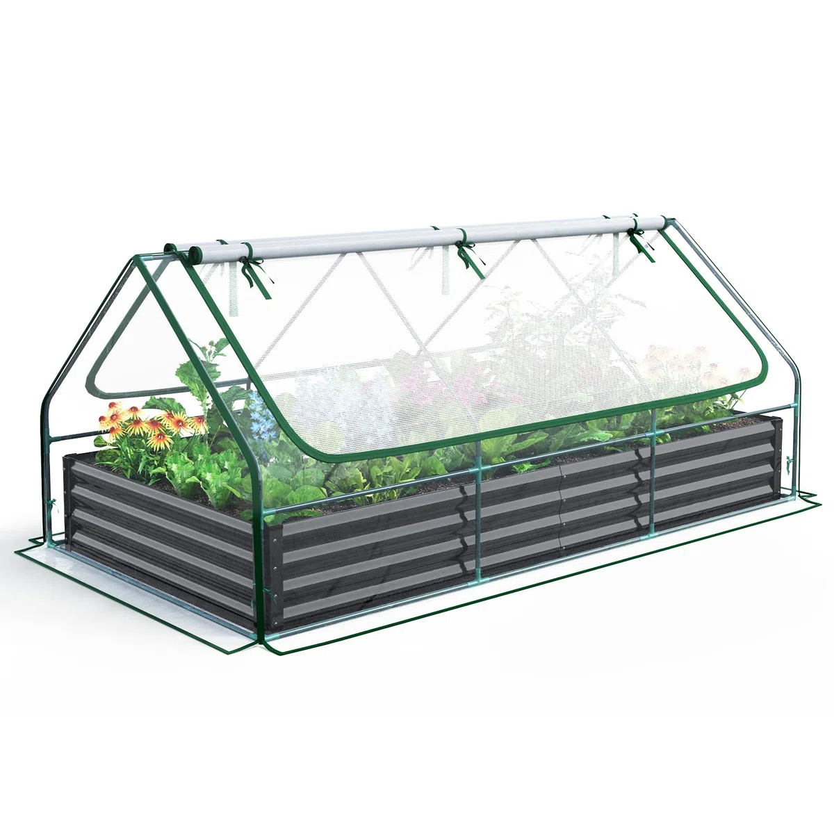 Quictent Orto RiAlzato in Metallo Galvanizzato con Copertura di Mini Serra, Fioriera 3 in 1 Grande per Giardini, Patios e Terrazze, 240x120x30cm