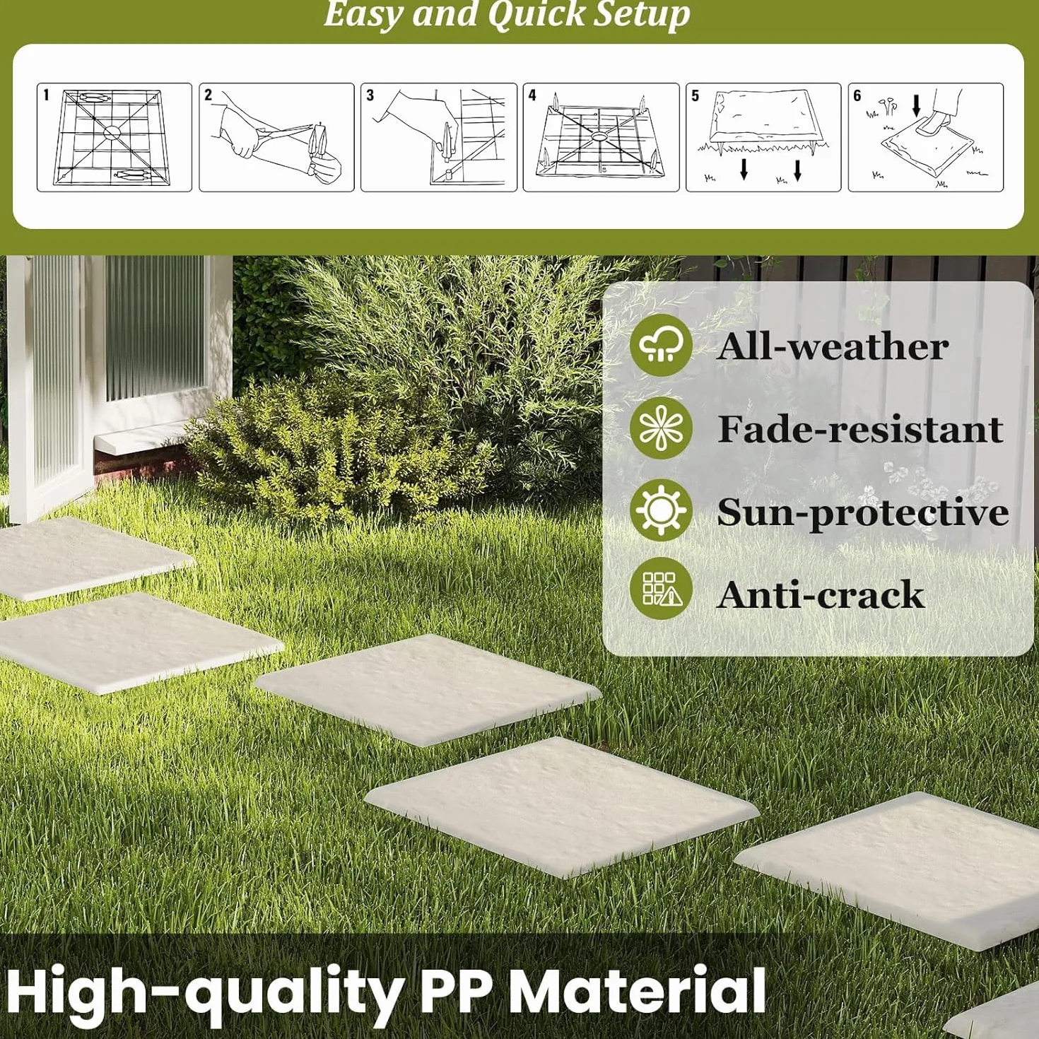 LIFEZEAL 16 Pezzi Pietre da Giardino con 4 Picchetti, Piastrelle per Esterno 39,5 x 39,5 cm, Pietre Decorative in PP Resistente per Passerelle da Giardino e Passeggiate Esterne (Beige,16)