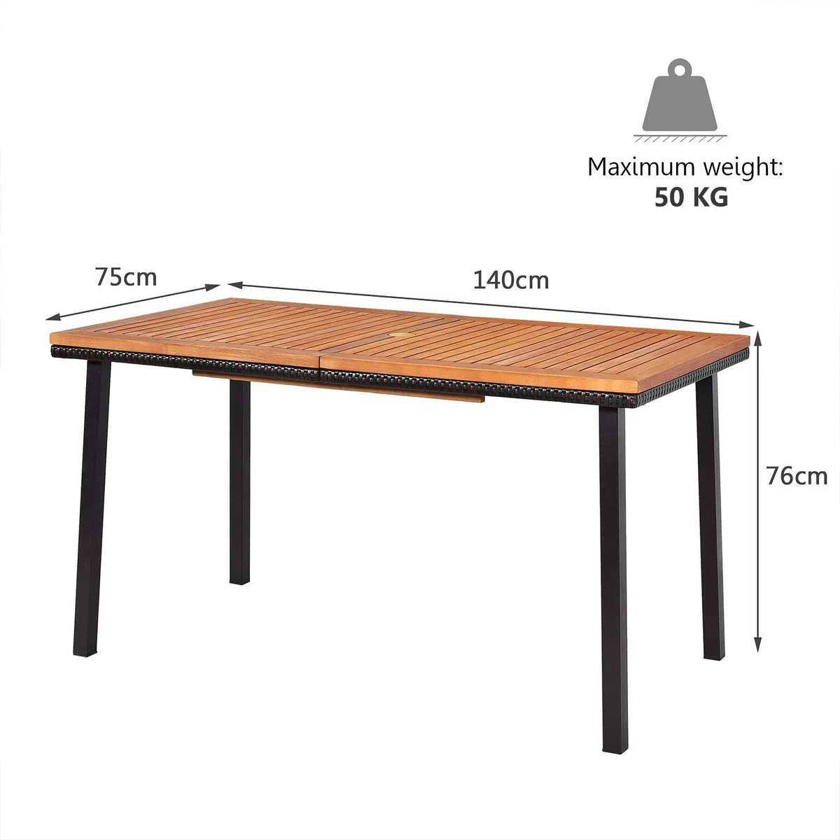 RELAX4LIFE Tavolo da Giardino in Legno di Acacia con Foro Ombrellone 6 cm, Gambe in Metallo, per 6 Persone, Design a Doghe per Esterno, Terrazza, Patio, Portata 50KG (140x75x76cm, Rettangolare)