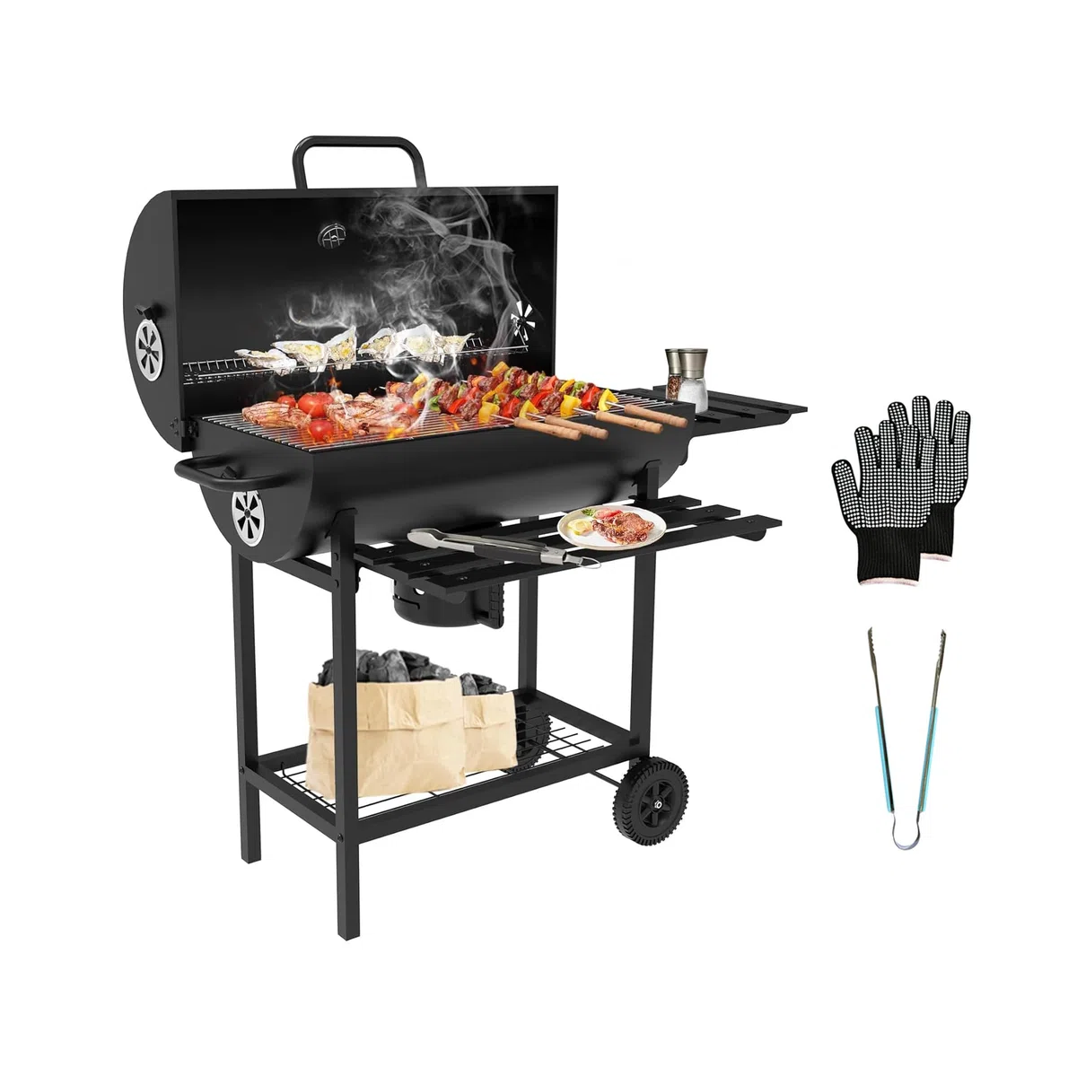 DEWINNER Barbecue a Carbone di Legno XXL con Griglia di Cottura XXL con Due Ripiani, Pinza per Carne alla Griglia, Sfiato Regolabile, Guanti Anti-Bruciore