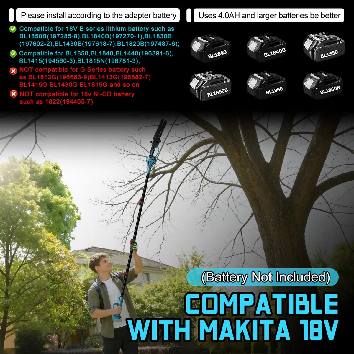 Sega da potatura professionale compatibile con Makita 18V, 8 pollici Brushless 2 in 1 Sega da potatura con manico telescopico e telescopico elettrico Altezza di lavoro (Senza batteria)