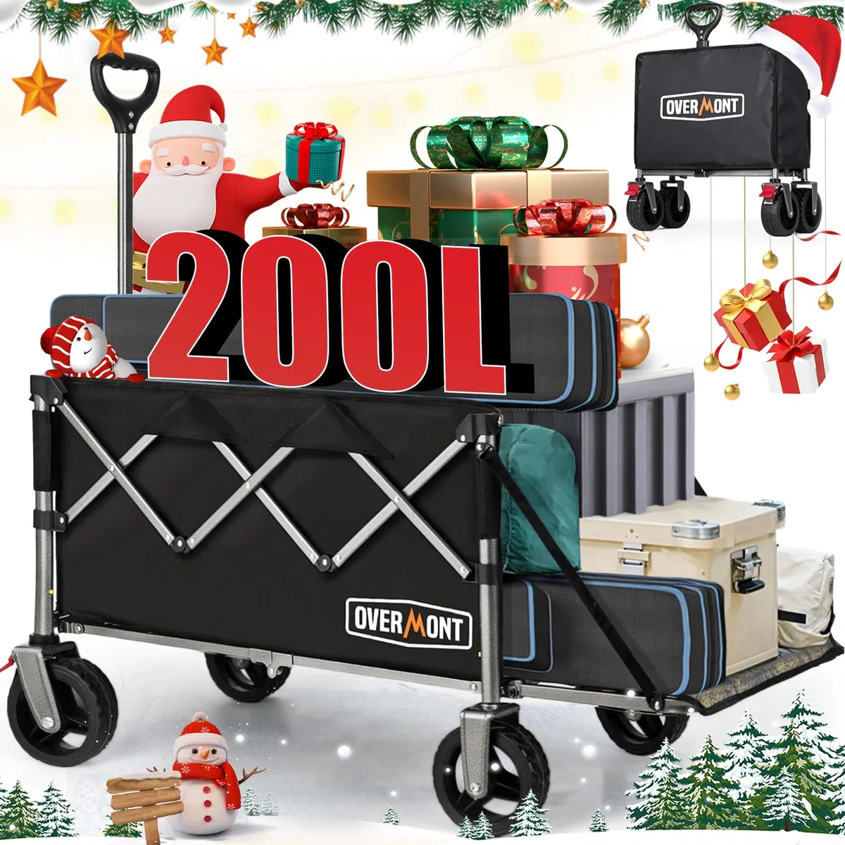 OVERMONT Carrello da Giardino Pieghevole - 200 L/136KG Carrelli da Trasporto Extra Lungo - Carrello da Campeggio Pieghevole con Grandi Ruote per Tutti i Terreni - con Tasca Laterale e 2 Freni