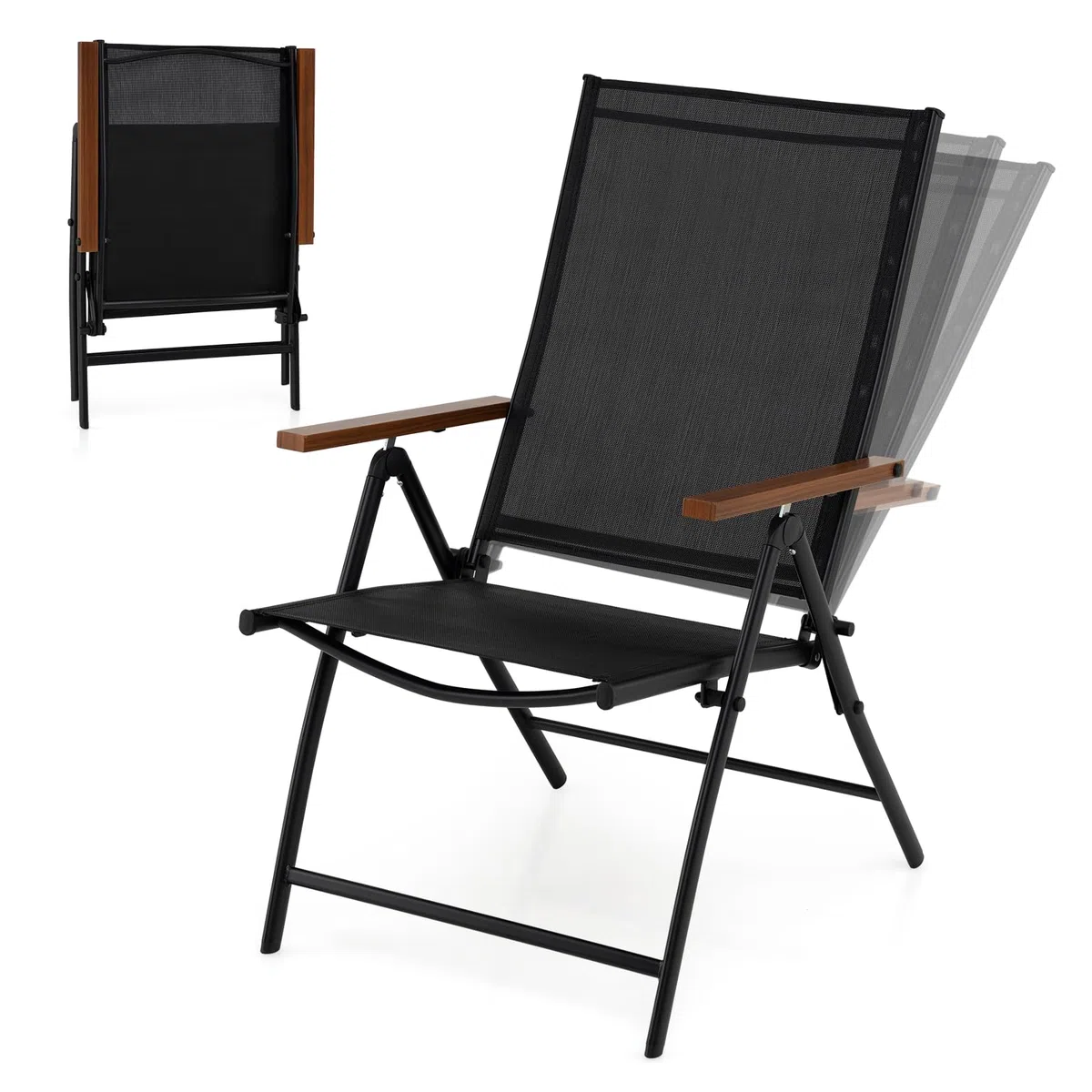 COSTWAY Set di 2/4 Sedie da Giardino Pieghevole, Struttura in Metallo, Poltrona in Tessuto Traspirante, Schienale Regolabile, per Balcone, Giardino, Terrazzo, Portata 150 kg (2,Nero)