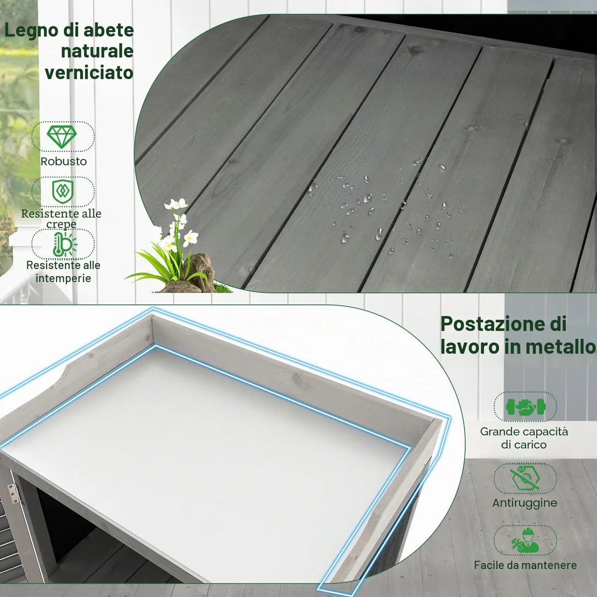 HOMASIS Tavolo da giardino per esterni, resistente alle intemperie, in legno, con armadio e piastra in metallo, tavolo da lavoro con 2 ripiani e 3 ante a rotelle, per terrazza, giardino, balcone, 67 x