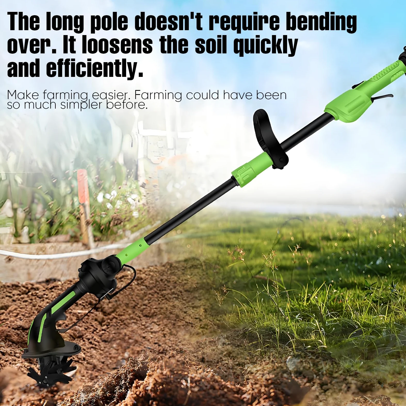 Motozappa Electrica 650 W, Mini Motozappa Batteria con Batteria 3000 mAh, Asta da 1,3 m, Larghezza di lavorazione 10 cm, Profondità di lavorazione 10 cm per allentare la Terra in giardini, orti e