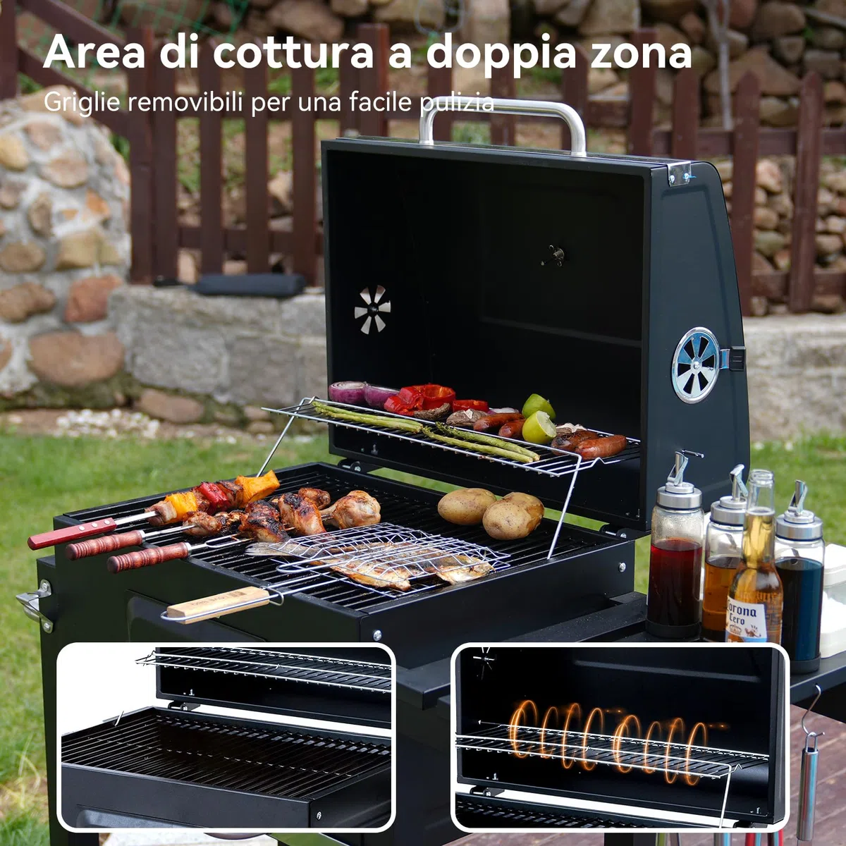 Barbecue a Carbonella, Barbecue con Coperchio, Superficie Cottura: 56×42,5 cm, Vassoio Carbone Regolabile in Altezza, Tavolino Laterale Pieghevole, Con Copertura Barbecue da Esterno