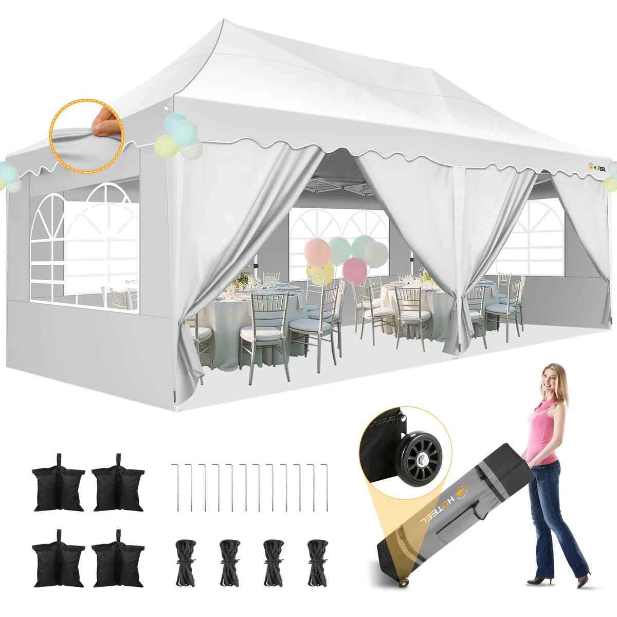 HOTEEL Gazebo 3x6 Impermeabile Pieghevole, Con 6 Pannelli Laterali, Uv 50+, Telaio Spesso, One-Touch Pop Up Gazebo con Sacca Portaoggetti, Per Matrimoni, Spiagge, Feste, Giardino (Bianco)