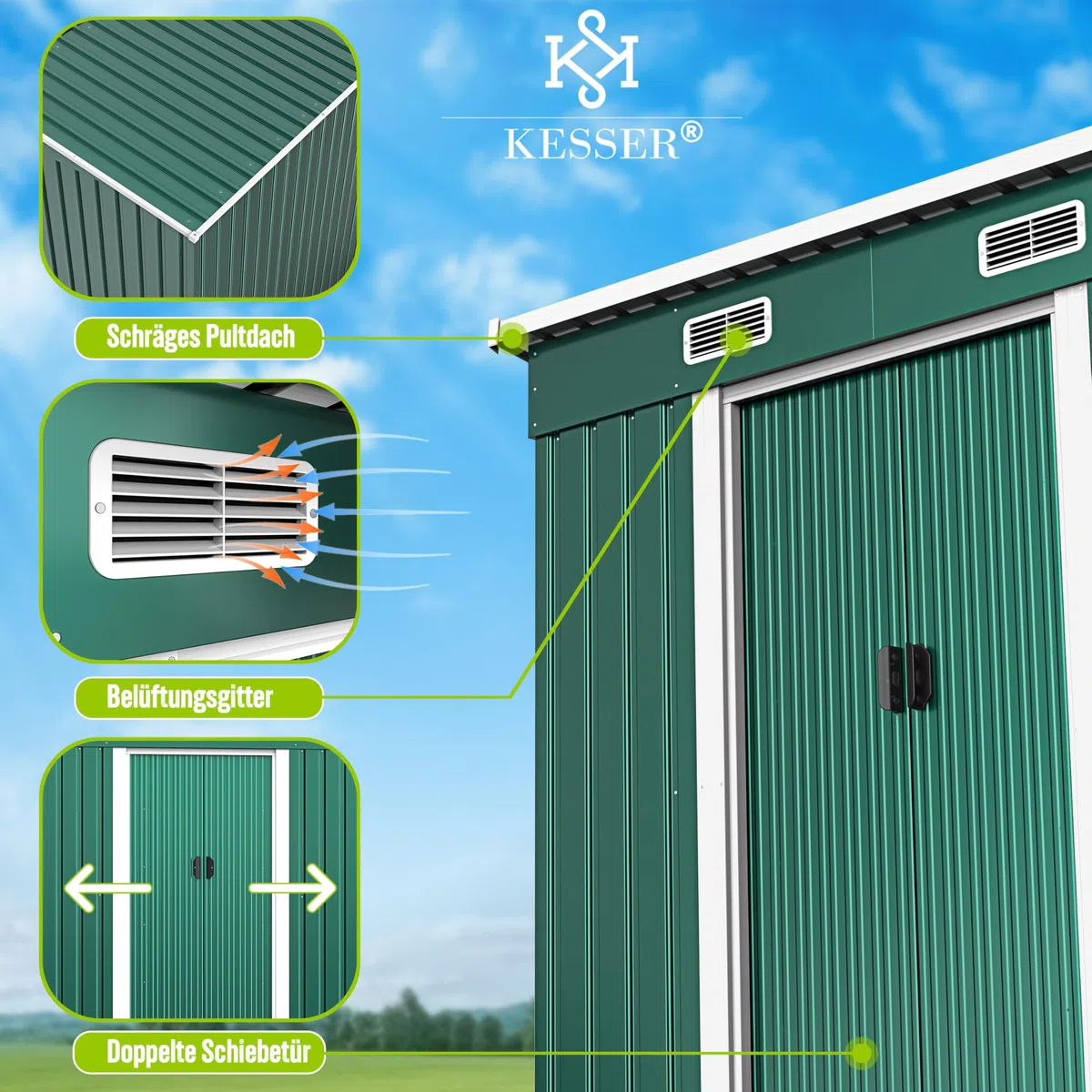 KESSER - Casetta per attrezzi L in metallo, 4 m³ con fondazione | 210 x 132 x 186 cm | 2 porte scorrevoli e fondazione | capanno attrezzi | Armadio da giardino | tetto spiovente capannone giardino