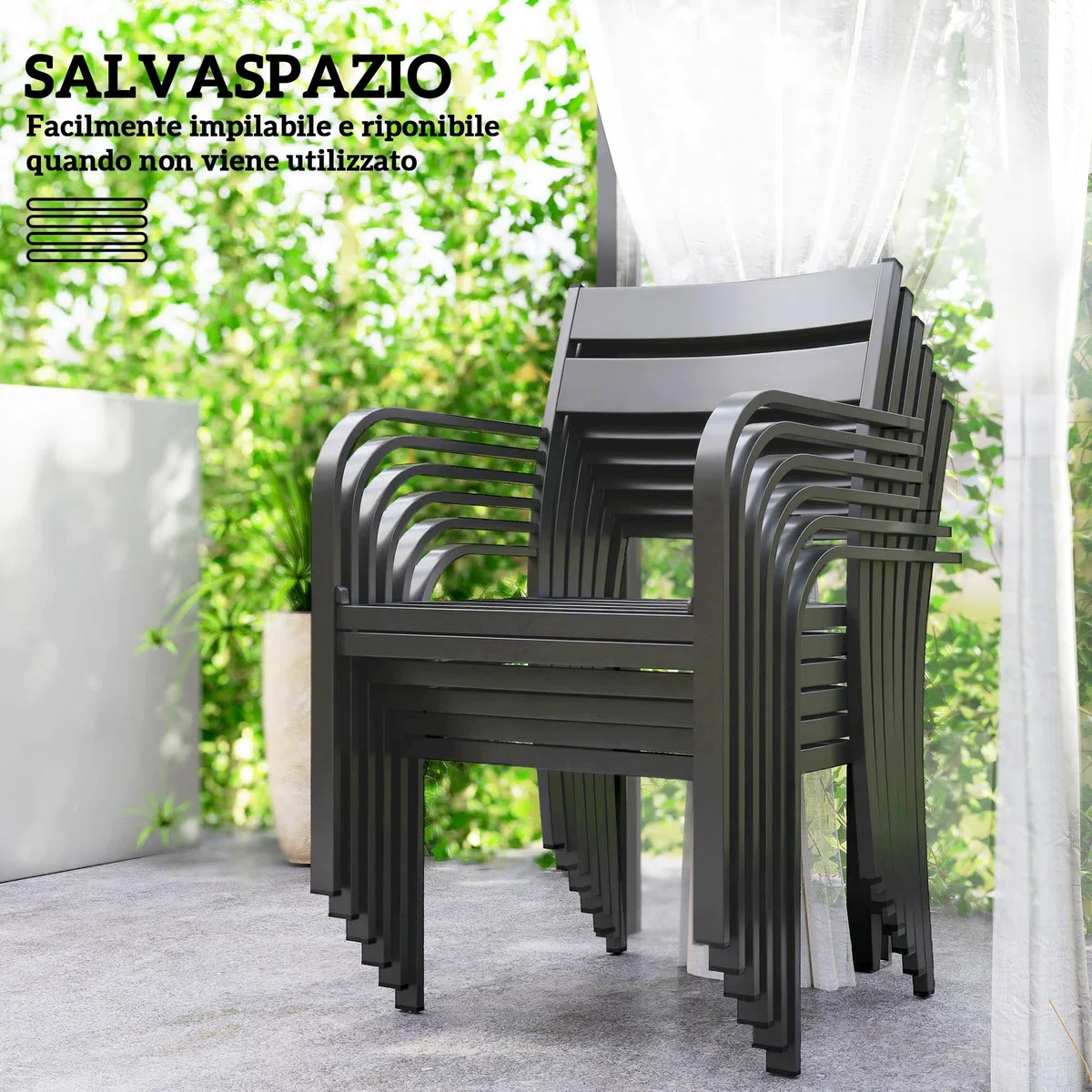 Outsunny Set Tavolo da Giardino con Sedie da 7 Pezzi, Set da Pranzo con Tavolo Allungabile, 6 Sedie da Esterno Impilabili con Braccioli e Cuscini, Set di Mobili a Doghe in Acciaio Alluminio, Grigio