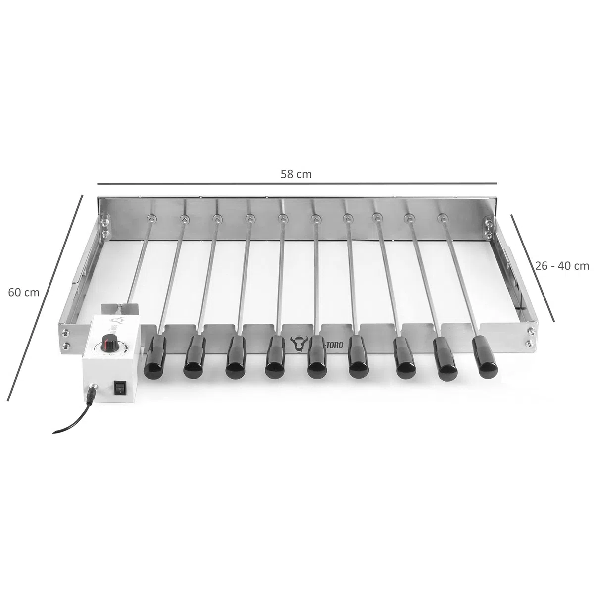 BBQ-Toro Girarrosto elettrico in acciaio inox con 10 spiedi e motore | Dimensioni regolabili (Larg.) 58 x (P) 26-40 cm | con spina per la corrente e USB