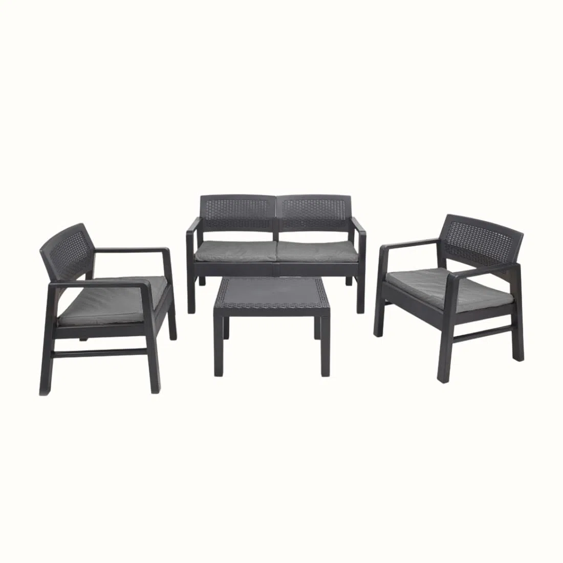 Ipae salottino kilimangiaro Antracite Set Composto da 1 Divano 2 posti + 2 poltrone + tavolino con 4 Cuscini
