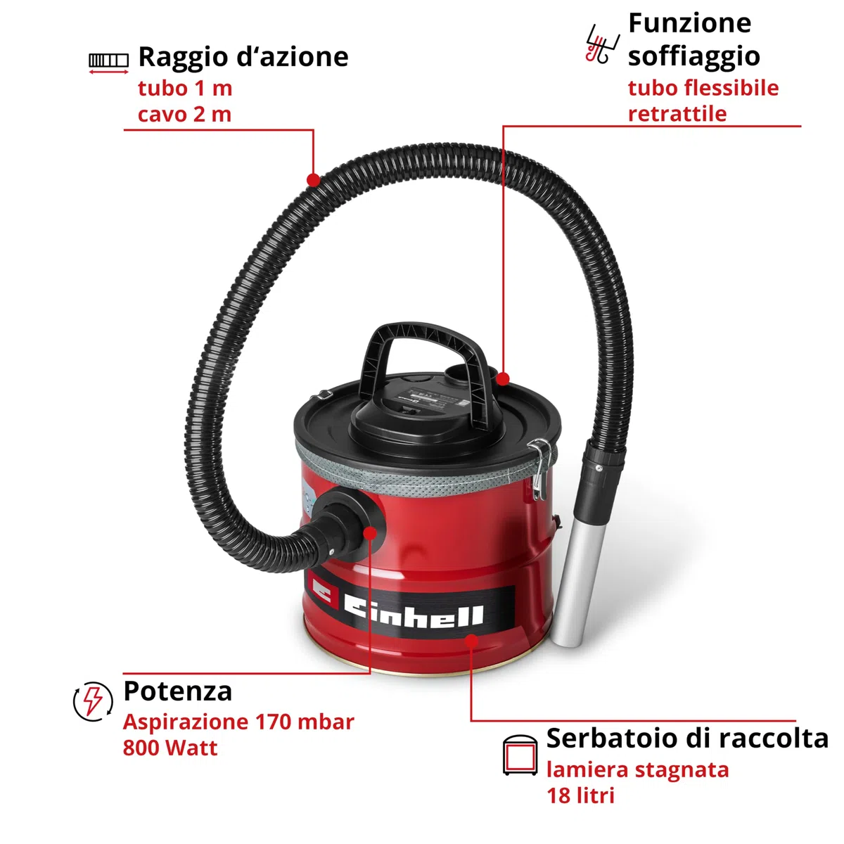 Einhell Aspiracenere TC-AV 1830 D (800 W, aspirazione 170 mbar, serbatoio di raccolta 18 L, sistema di filtraggio, prefiltro per polveri sottili, funzione di soffiaggio, flessibile 1 m, cavo 2 m)
