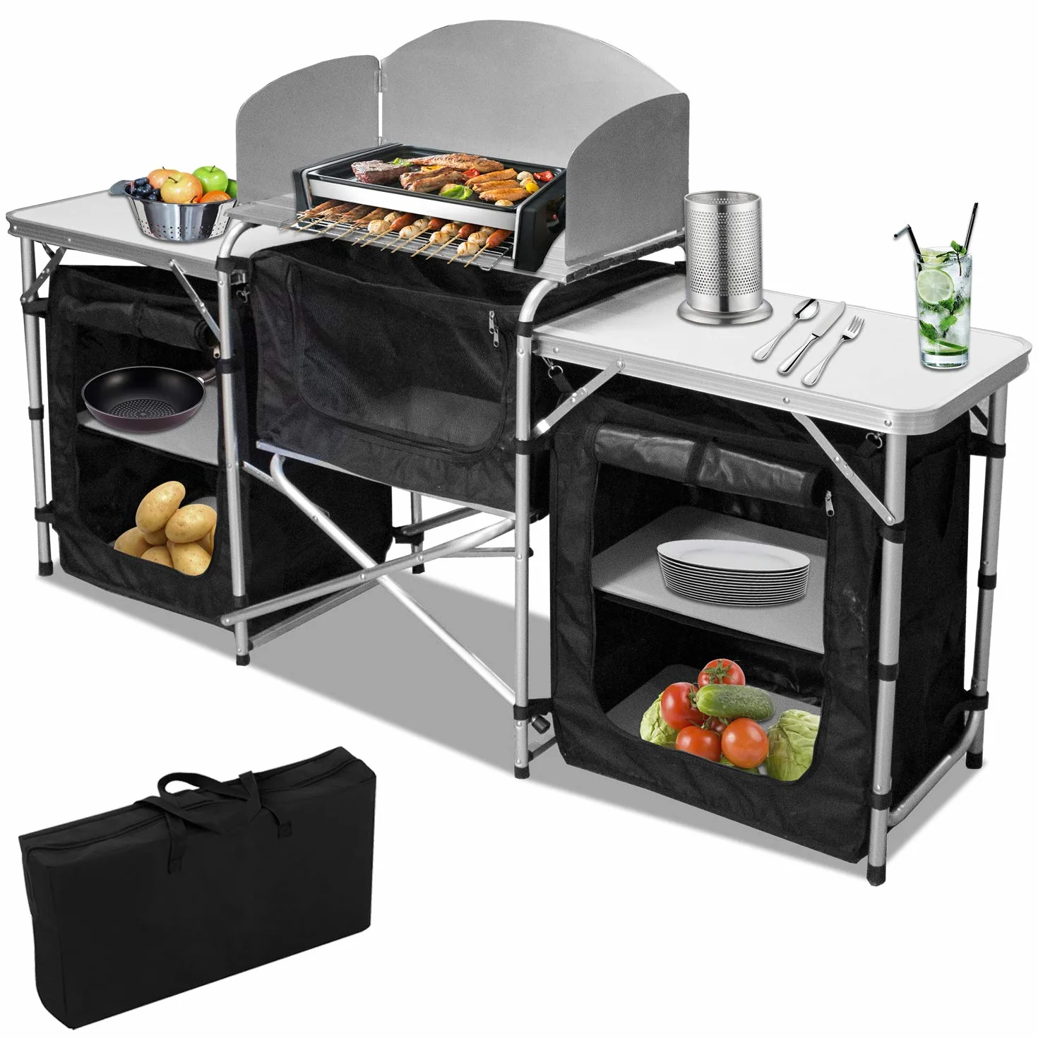 Cucina da Campeggio con Paraspruzzi, Mobile da Campeggio con Borsa da Trasporto e Telaio in Alluminio, Mobiletto da Campeggio All'aperto Regolabile in Altezza e Pieghevole per Picnic