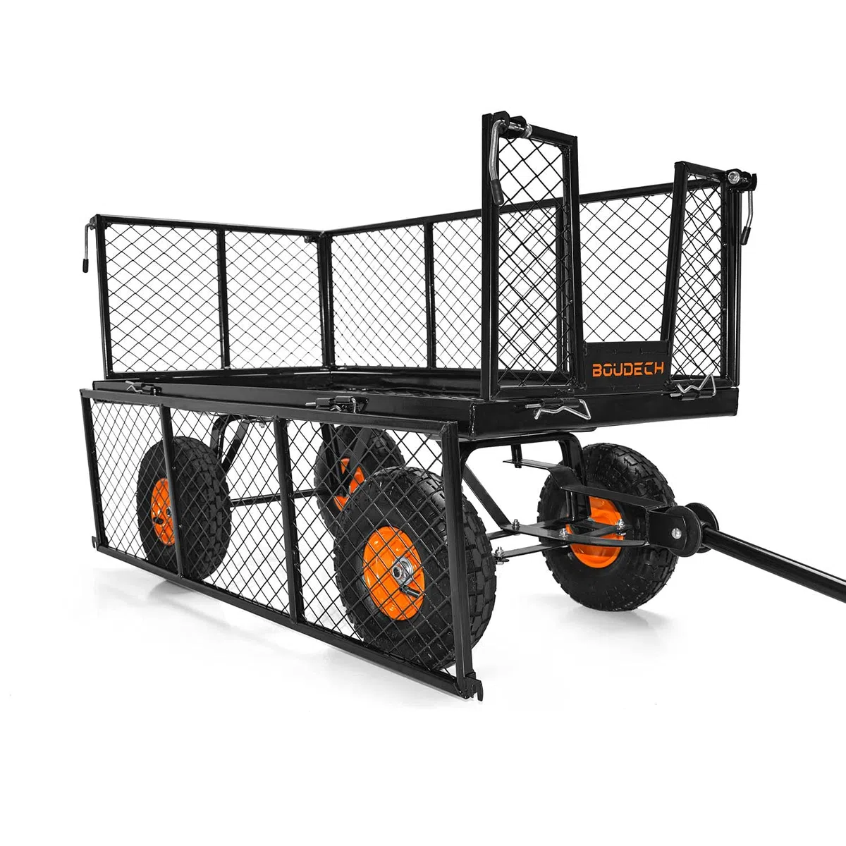 BOUDECH® Carrello da giardino porta attrezzi con rimorchio a spinta in metallo inossidabile, telone impermeabile e griglia - Carriola da giardino a 4 ruote (550Kg)