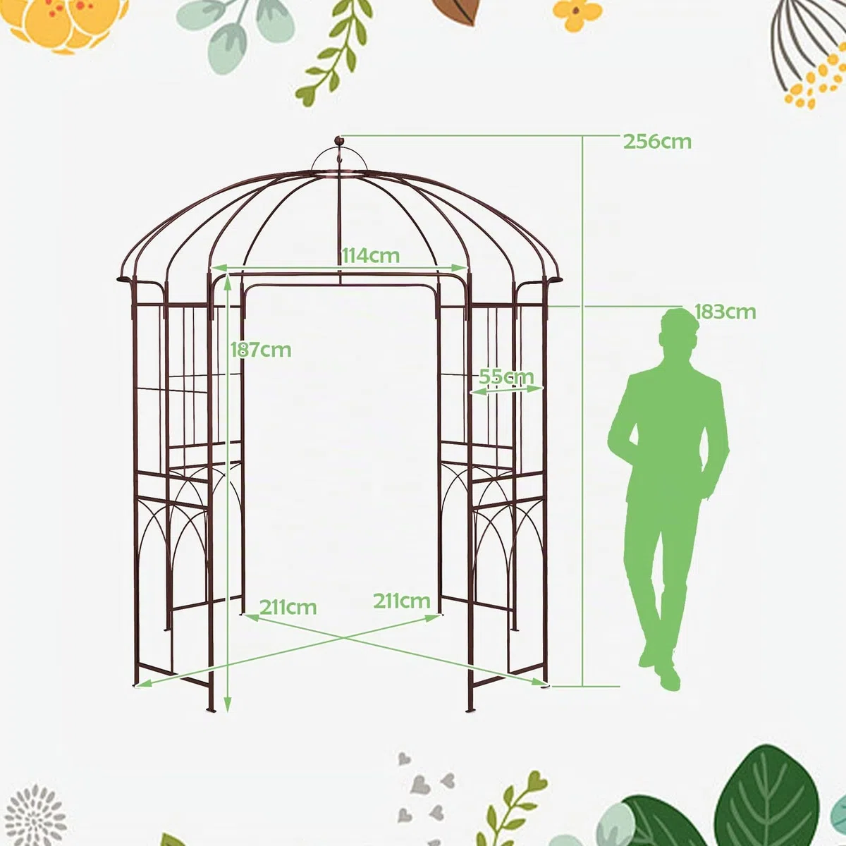 HOMASIS Pavillon per rose in metallo, arco per giardino con ganci e tetto, pergolato per piante rampicanti, pergola da giardino per matrimoni (211x211x256cm, bronzo)