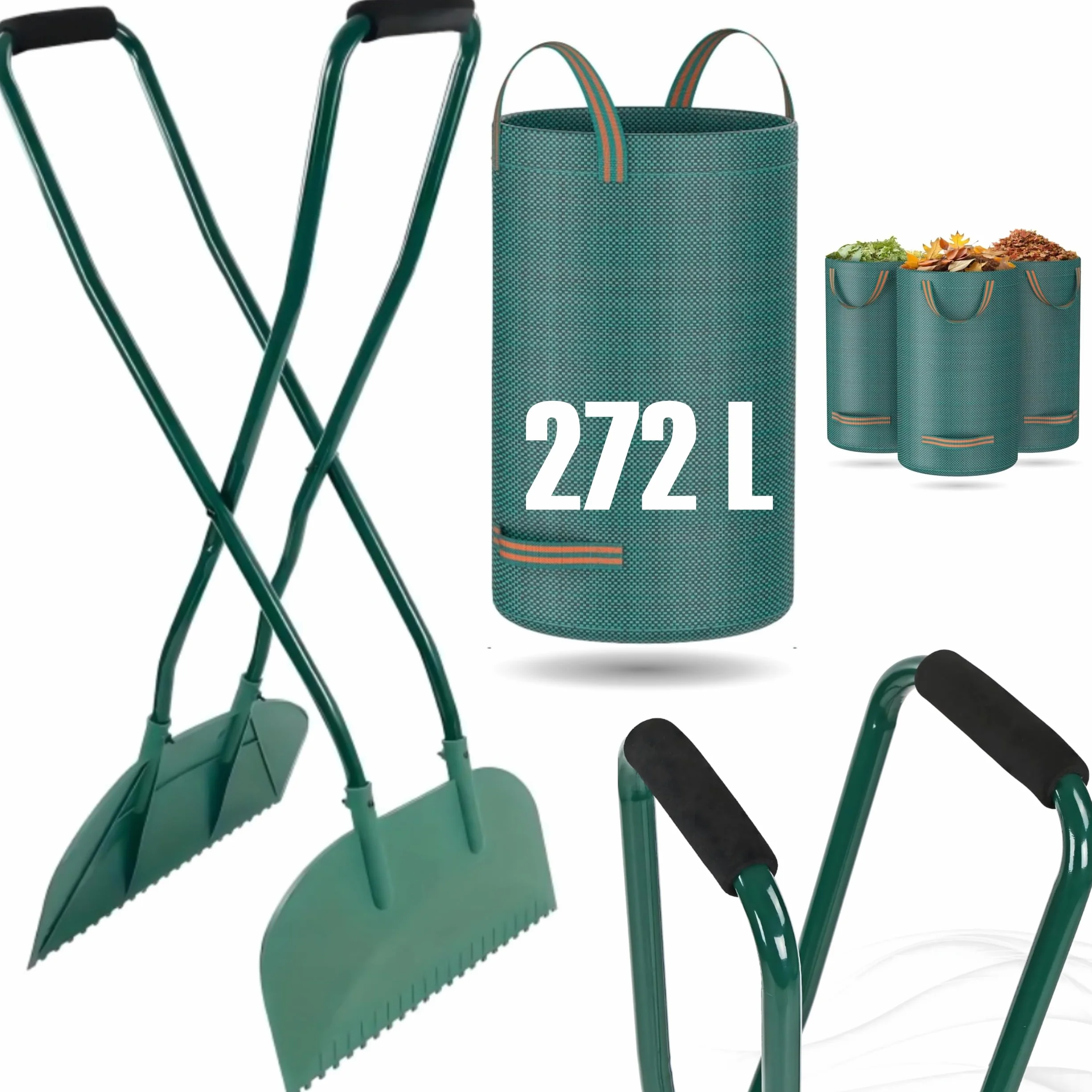 Pinza per Foglie con Manico, ergonomica 95 cm | Gratis con Sacco da Giardino da 272L | raccogli Foglie, Erba e rifiuti da Giardino
