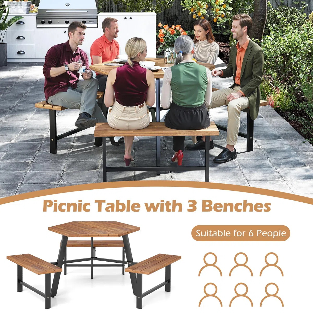 KOMFOTTEU Set di mobili per 6 persone, set da picnic in legno di acacia con foro per ombrellone, set da tavolo e 3 panche per giardino, terrazza, 191 x 165 x 70 cm