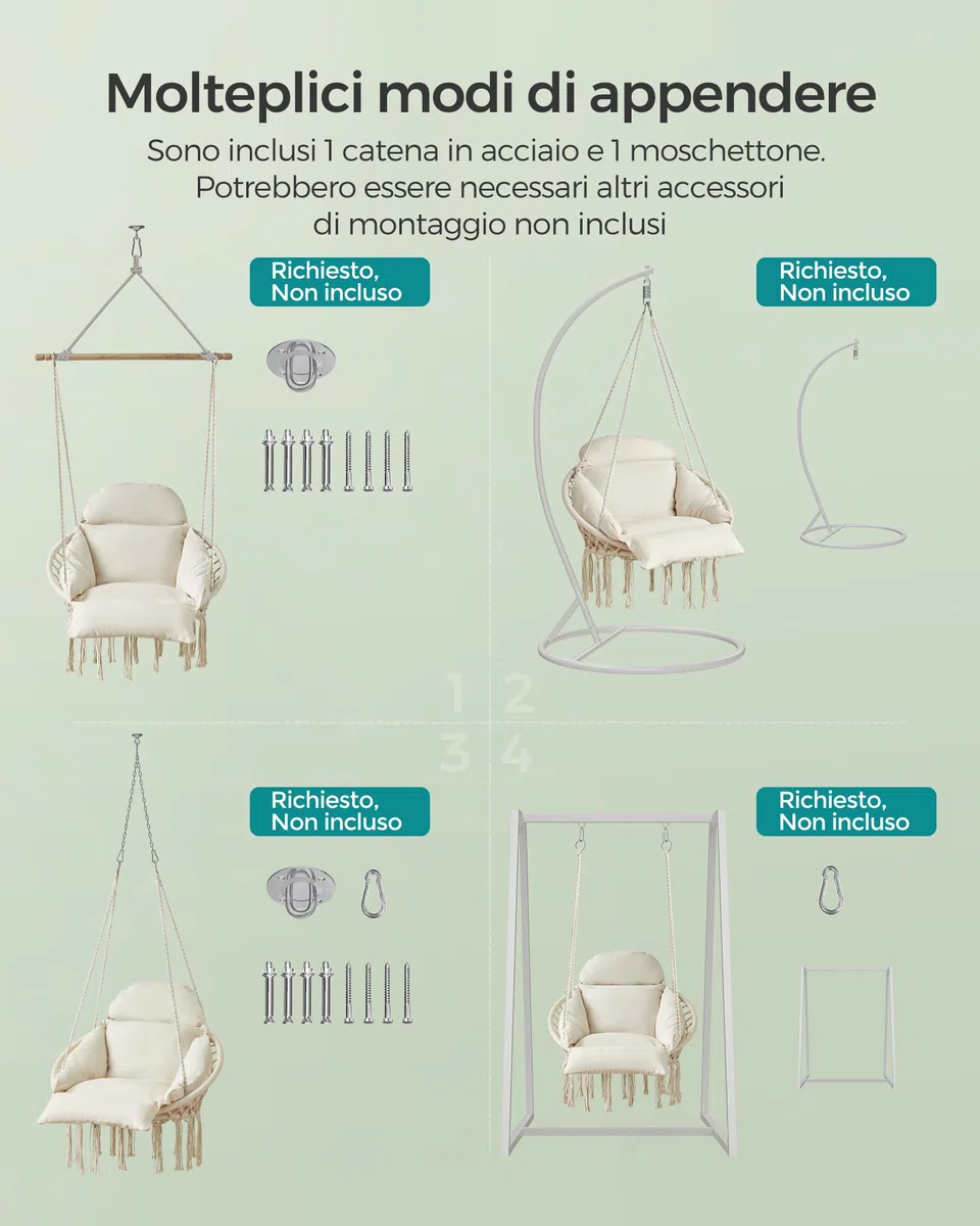 SONGMICS Sedia Altalena, Sedia Amaca, Cuscino Ben Imbottito, Sedia Sospesa Boho, Camera da Letto Balcone Giardino Soggiorno, Regge 120 kg, Accessori Inclusi, Bianco Crema GDC042M01