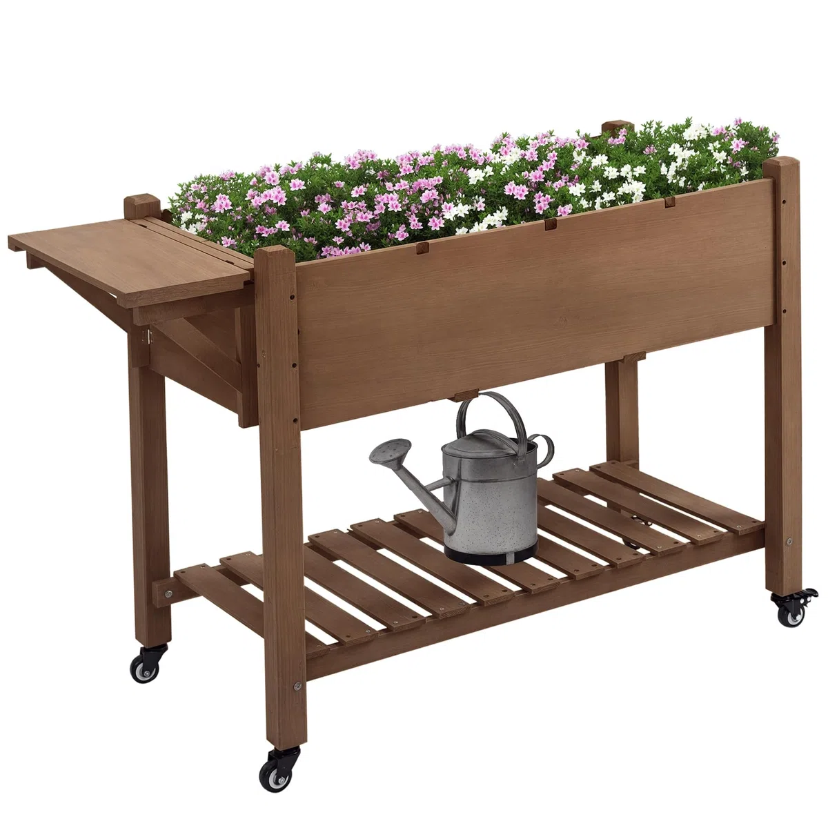 Outsunny Letto per Orto Rialzato a 8 Scomparti con Ruote, Ripiano Laterale e Mensola Inferiore a Doghe, Fioriera Rialzata da Esterno in Abete con 4 Fori di Drenaggio, 123x54x87cm, Caffè Scuro