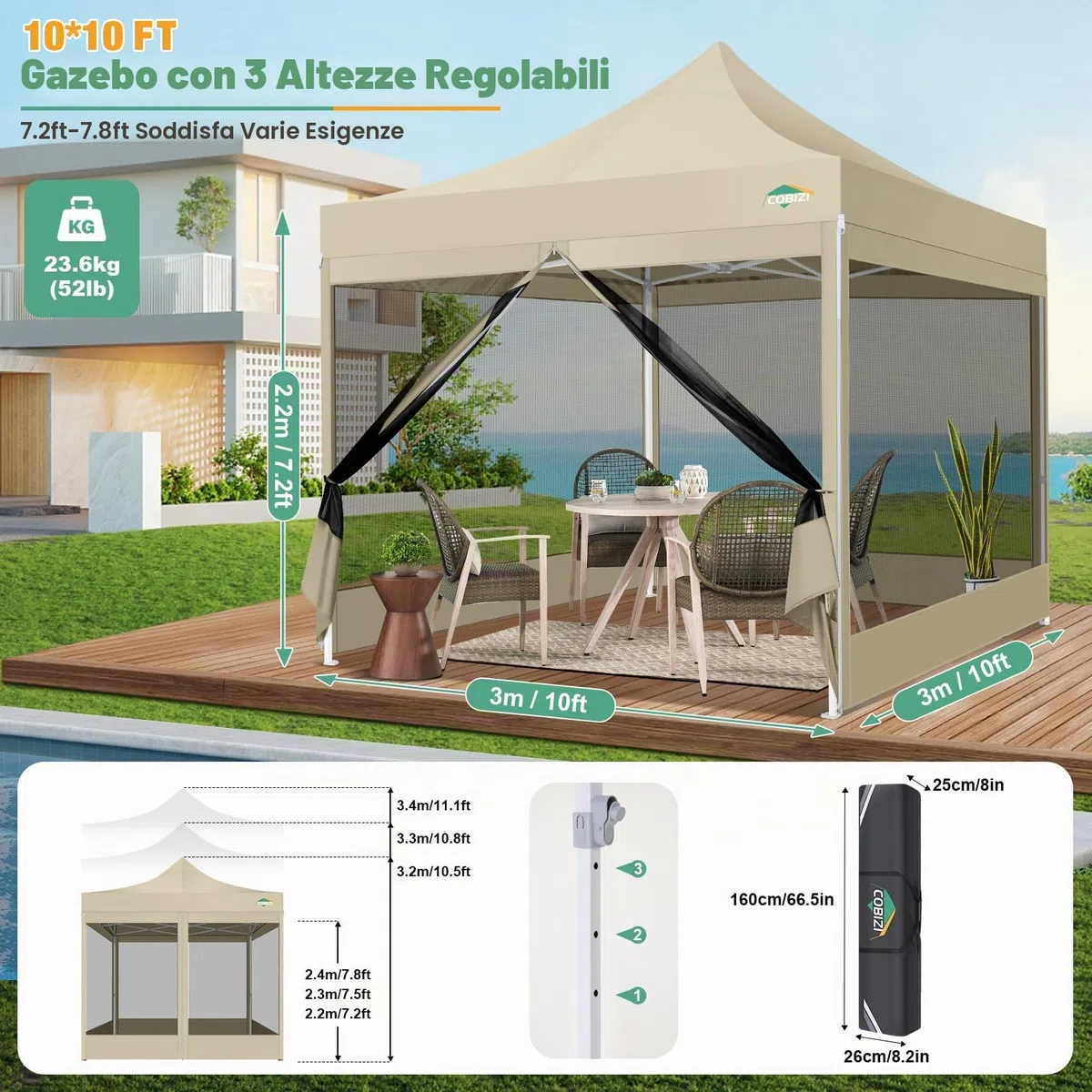 COBIZI Gazebo 3x3 Pieghevole Impermeabile, Esterno Resistente con Zanzariera Parete Laterale,Tende per Gazebo,Tendone Padiglione Pop Up per Feste Campeggio con Borsa(3 per 3m Cachi)